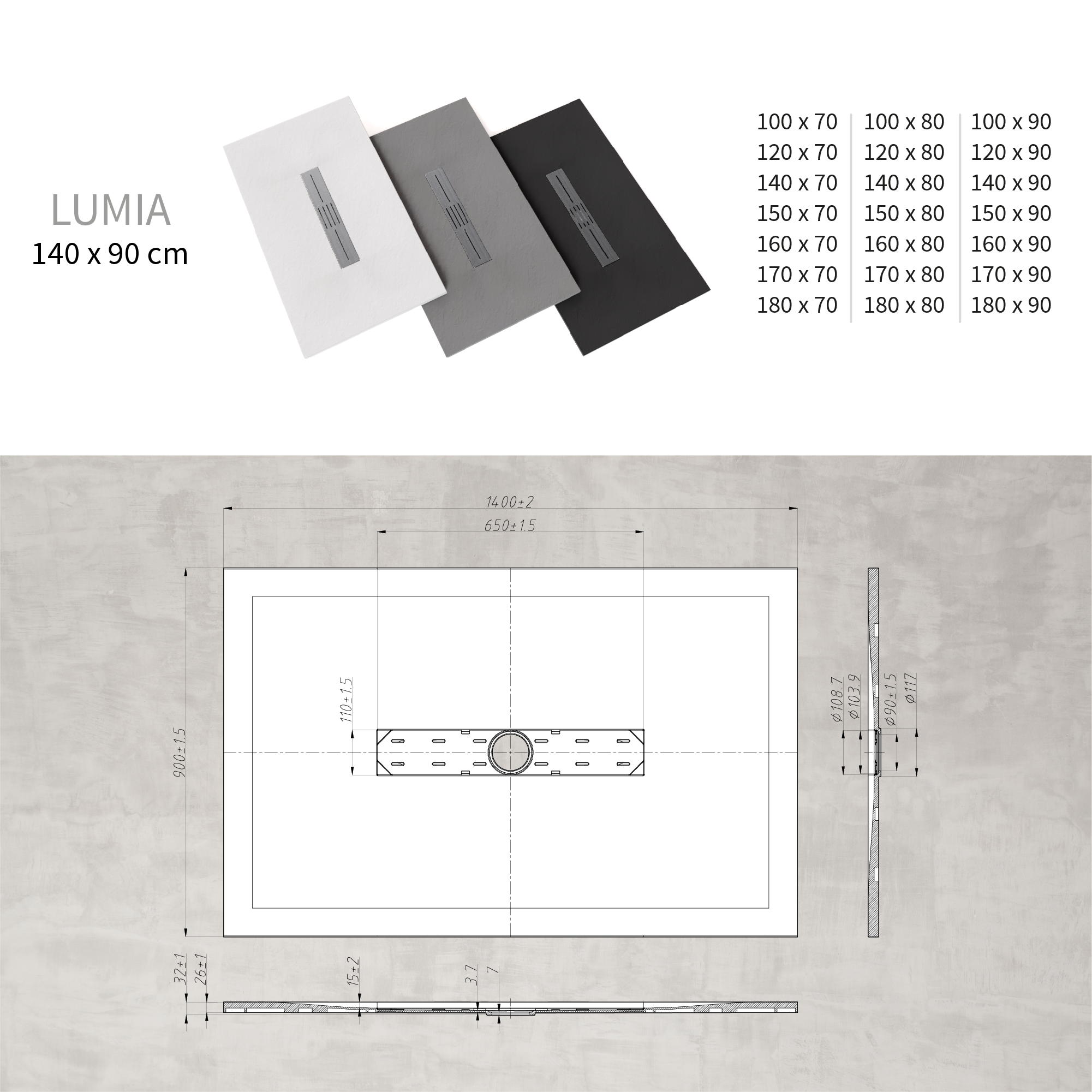 LUMIA - Base de duche antiderrapante com acabamento branco e grelha inox incluída