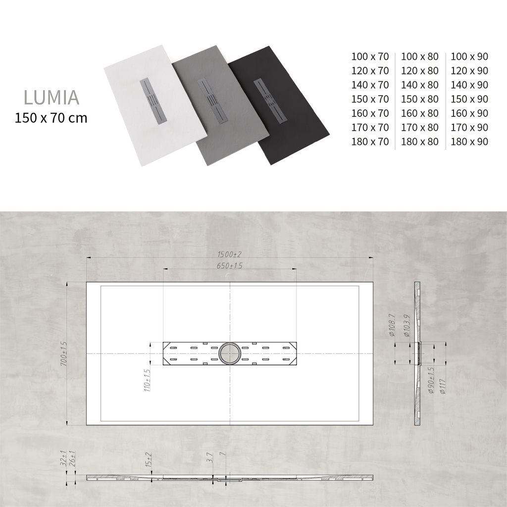 LUMIA - Base de duche antiderrapante com acabamento branco e grelha inox incluída