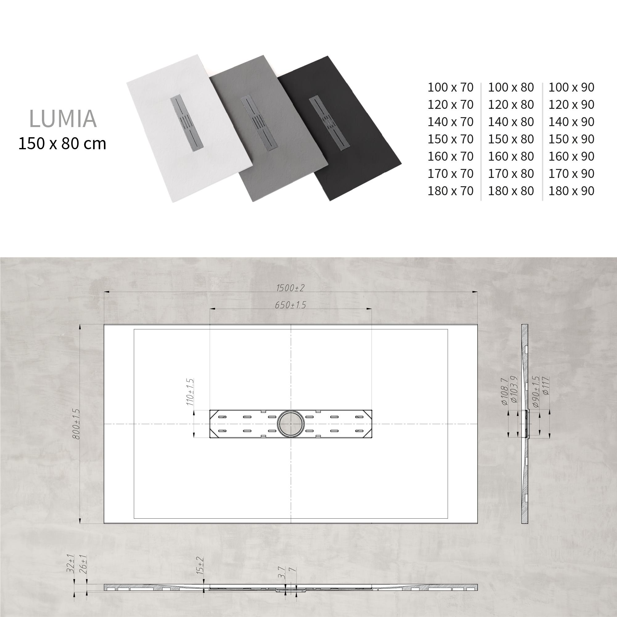 LUMIA - Plato de ducha antideslizante con acabado negro y rejilla de acero inoxidable incluida
