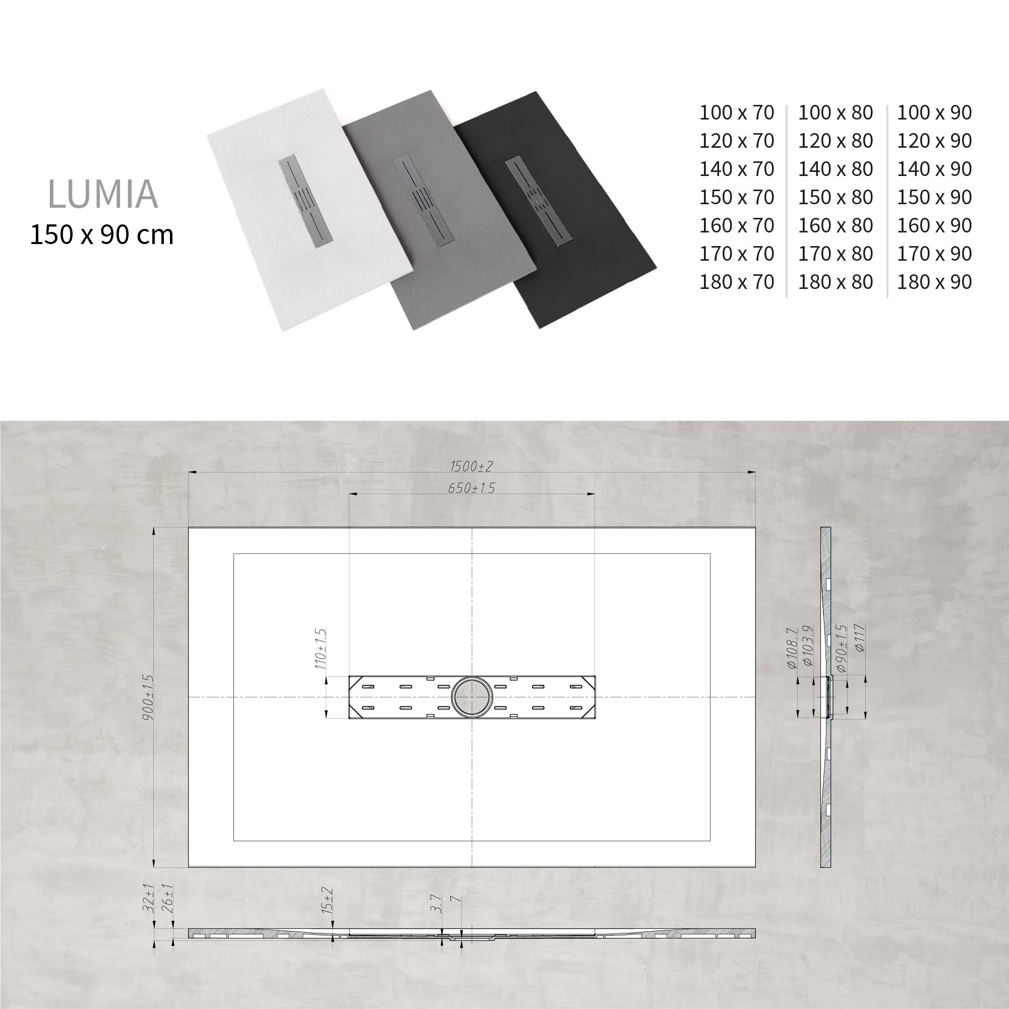 LUMIA - Base de duche antiderrapante com acabamento cinzento e grelha inox incluída