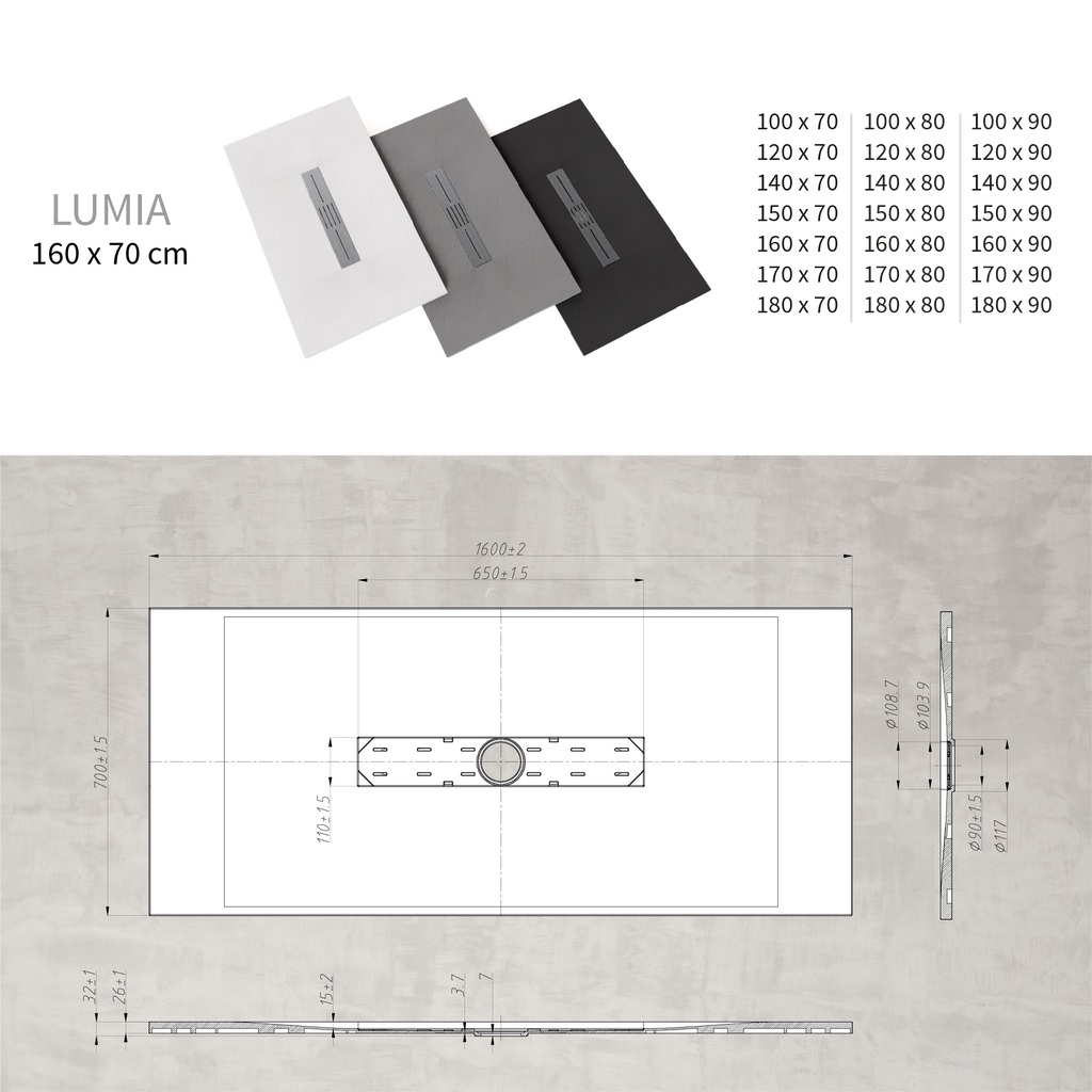 LUMIA - Base de duche antiderrapante com acabamento cinzento e grelha inox incluída