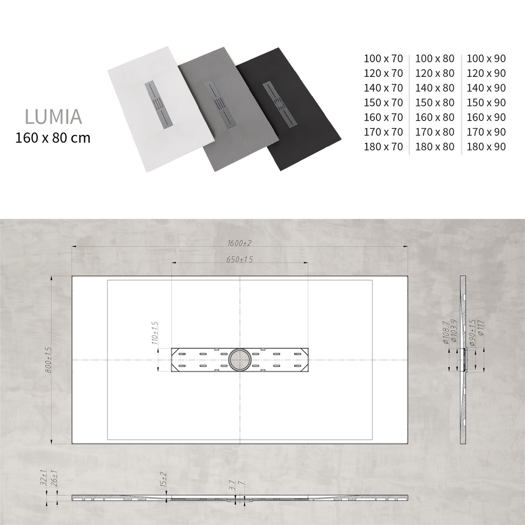 LUMIA - Base de duche antiderrapante com acabamento branco e grelha inox incluída