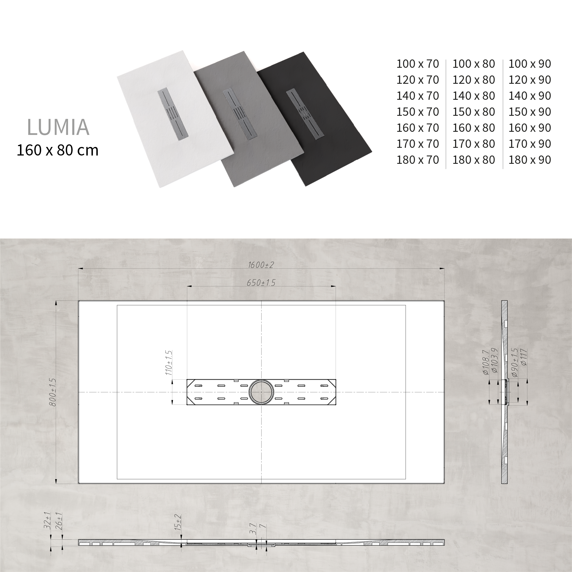 LUMIA - Base de duche antiderrapante com acabamento cinzento e grelha inox incluída