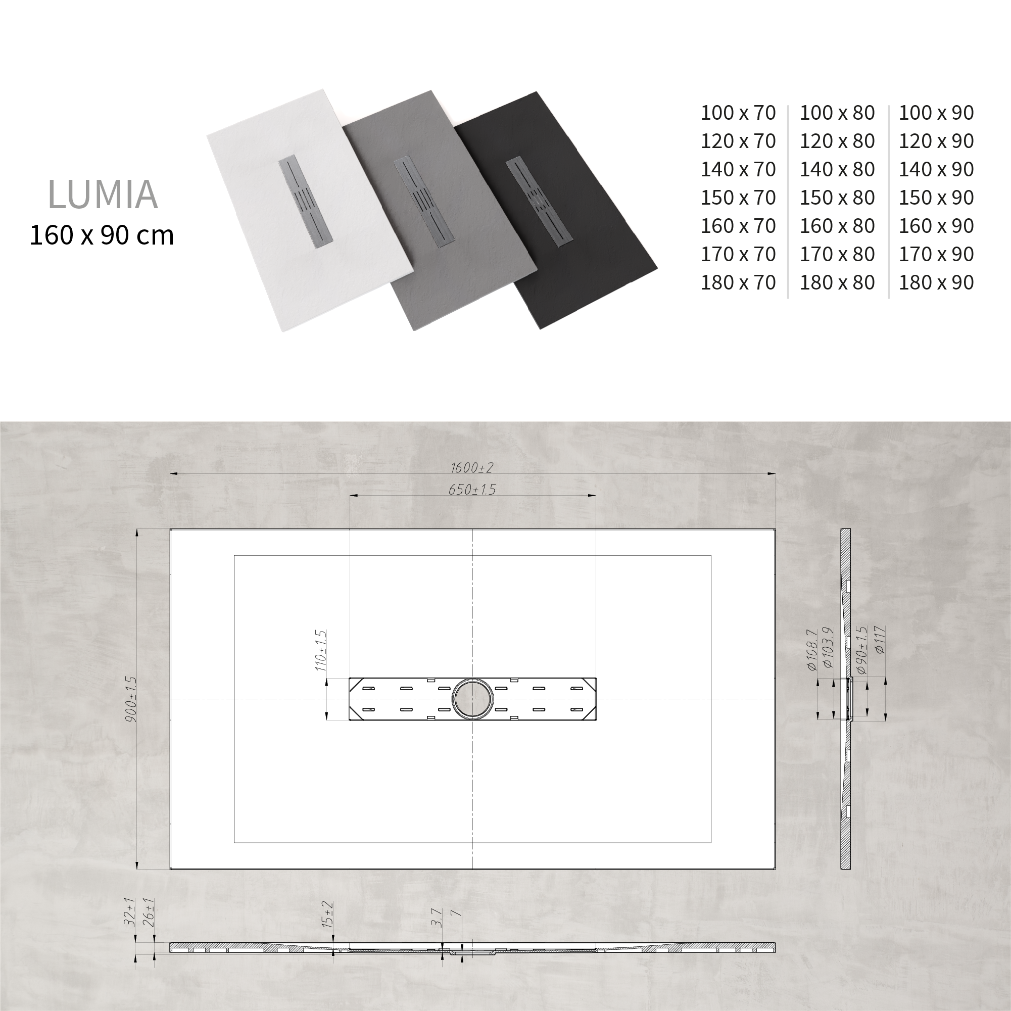LUMIA - Base de duche antiderrapante com acabamento branco e grelha inox incluída