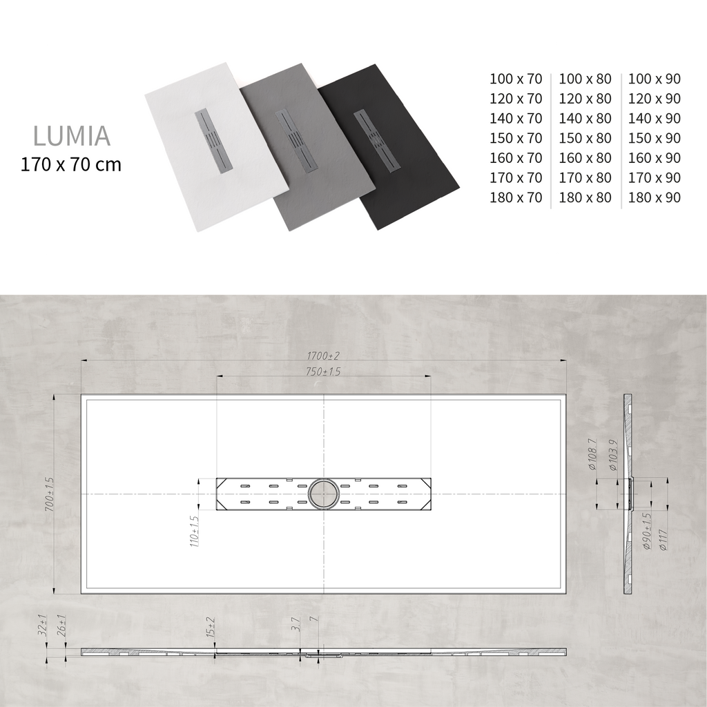 LUMIA - Base de duche antiderrapante com acabamento cinzento e grelha inox incluída