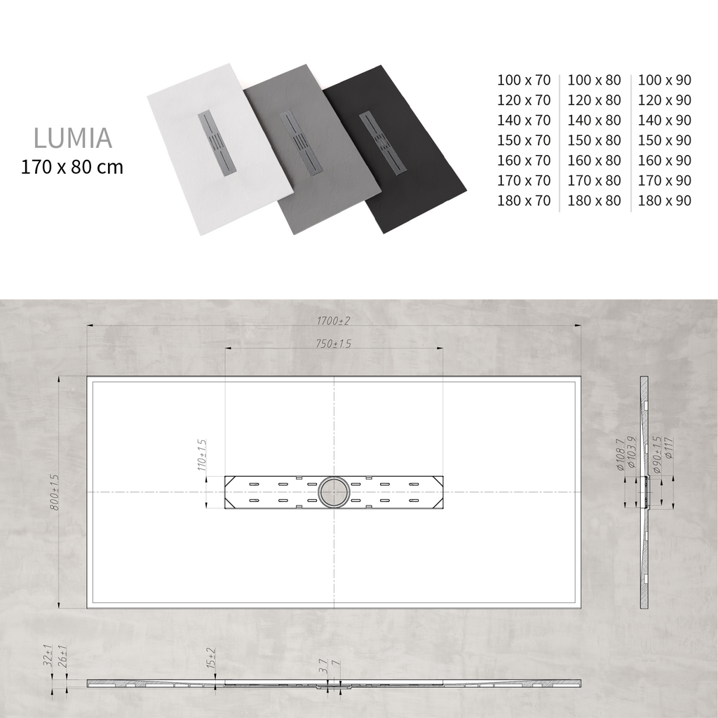 LUMIA - Plato de ducha antideslizante con acabado negro y rejilla de acero inoxidable incluida