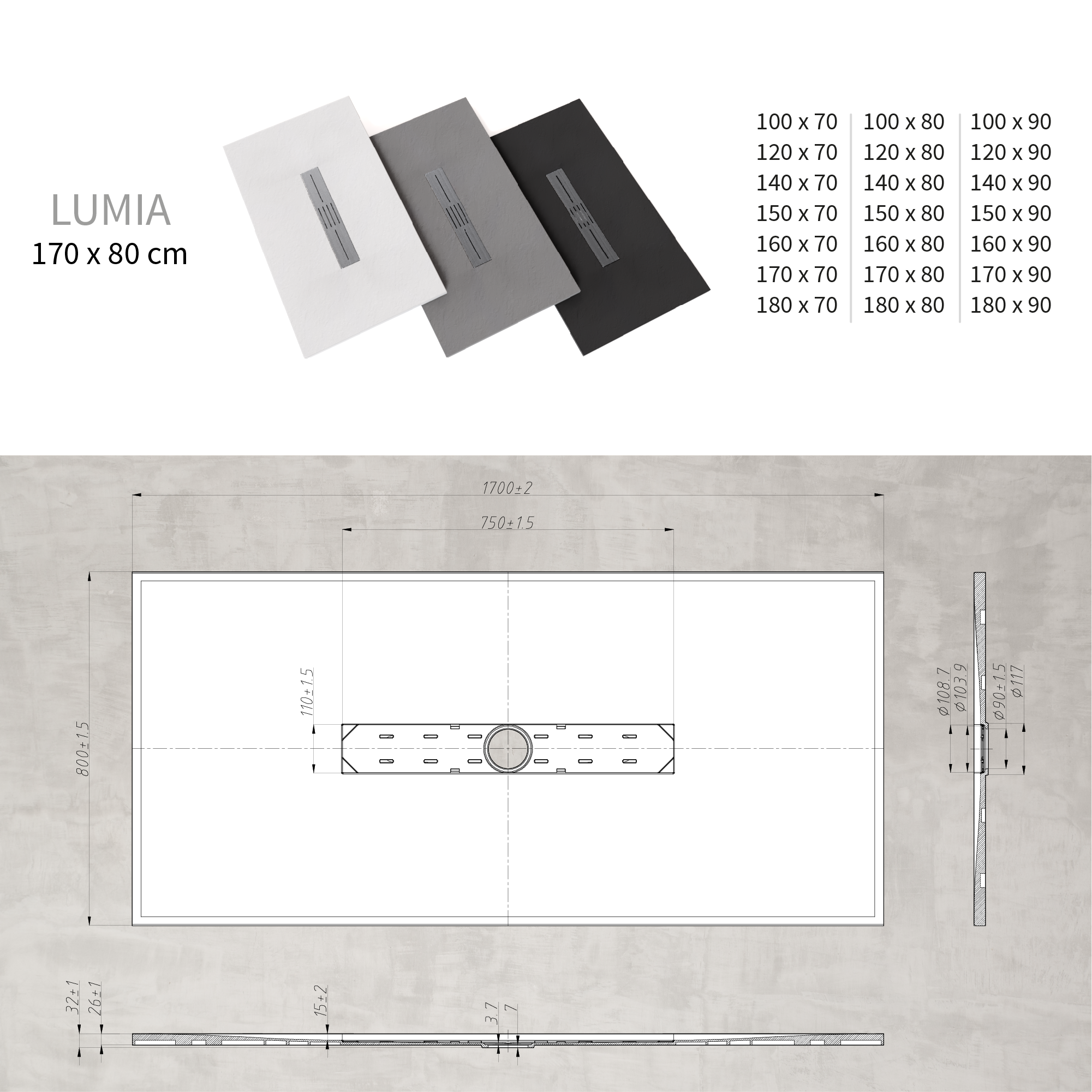 LUMIA - Plato de ducha antideslizante con acabado negro y rejilla de acero inoxidable incluida
