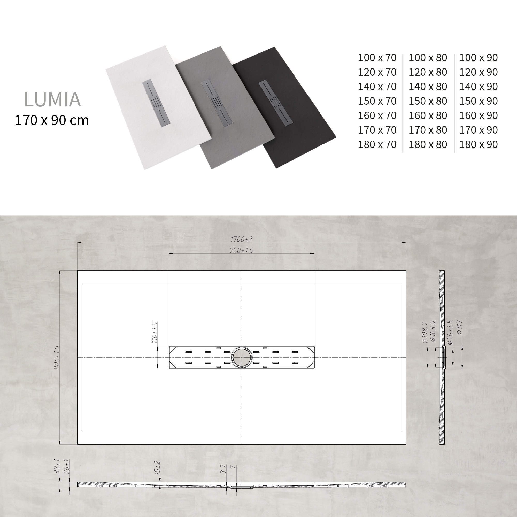 LUMIA - Base de duche antiderrapante com acabamento branco e grelha inox incluída