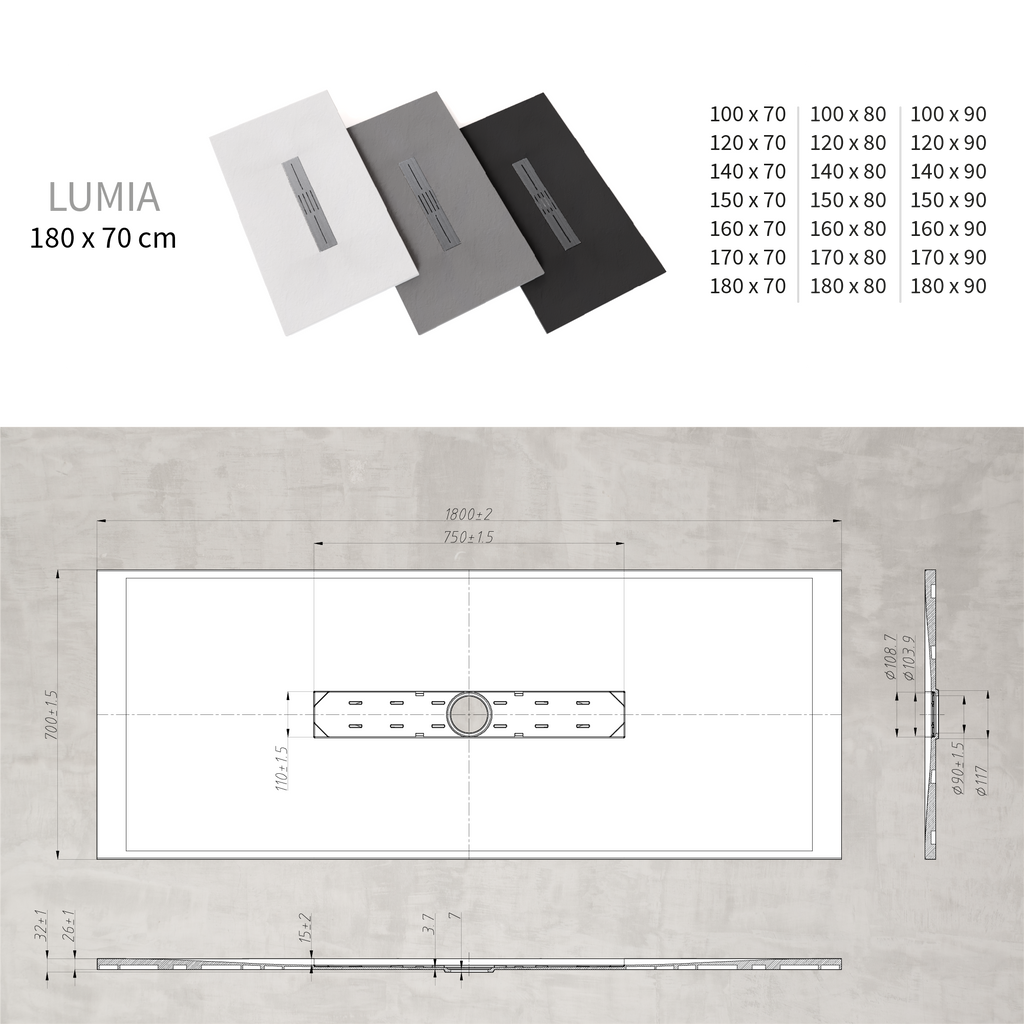 LUMIA - Base de duche antiderrapante com acabamento branco e grelha inox incluída