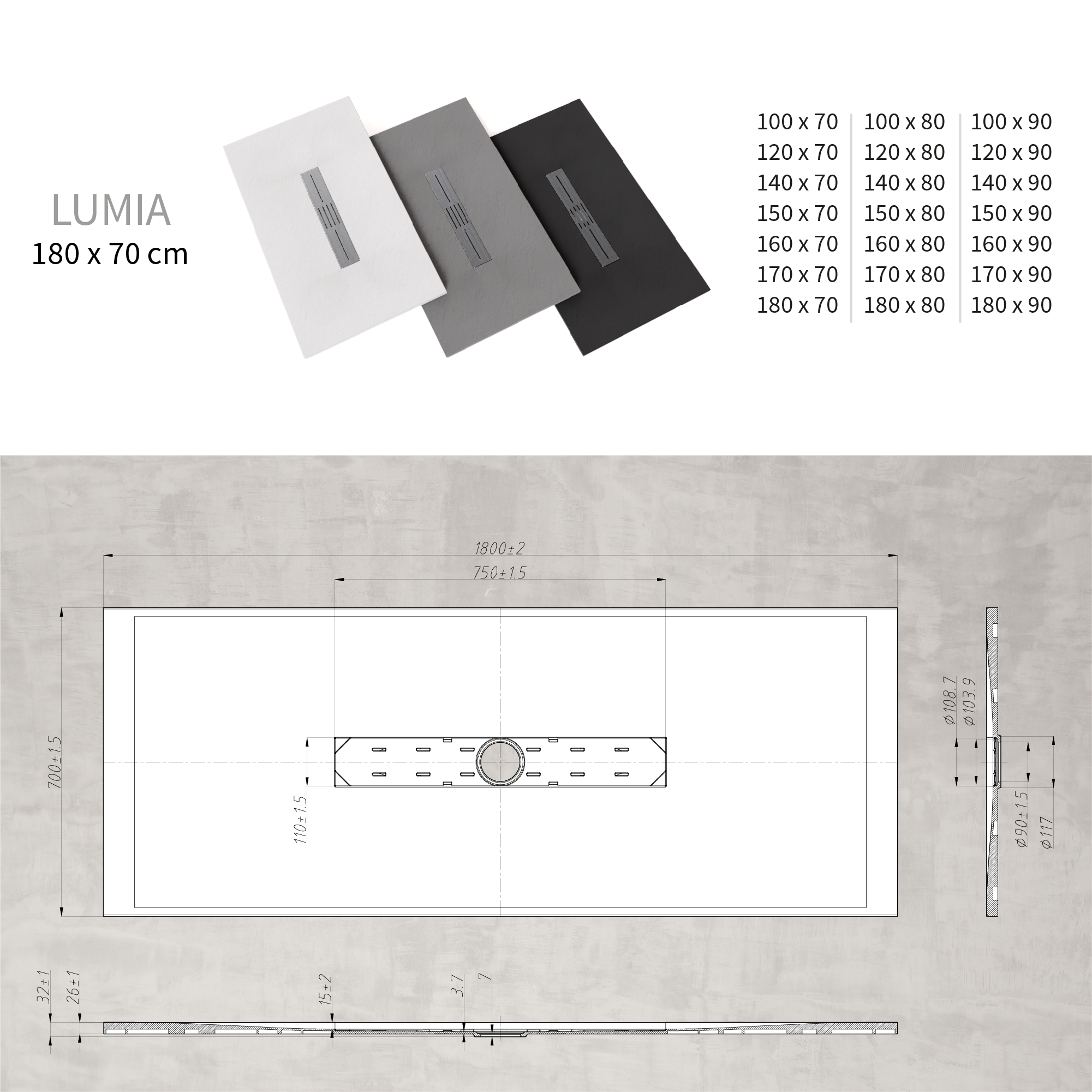 LUMIA - Base de duche antiderrapante com acabamento branco e grelha inox incluída