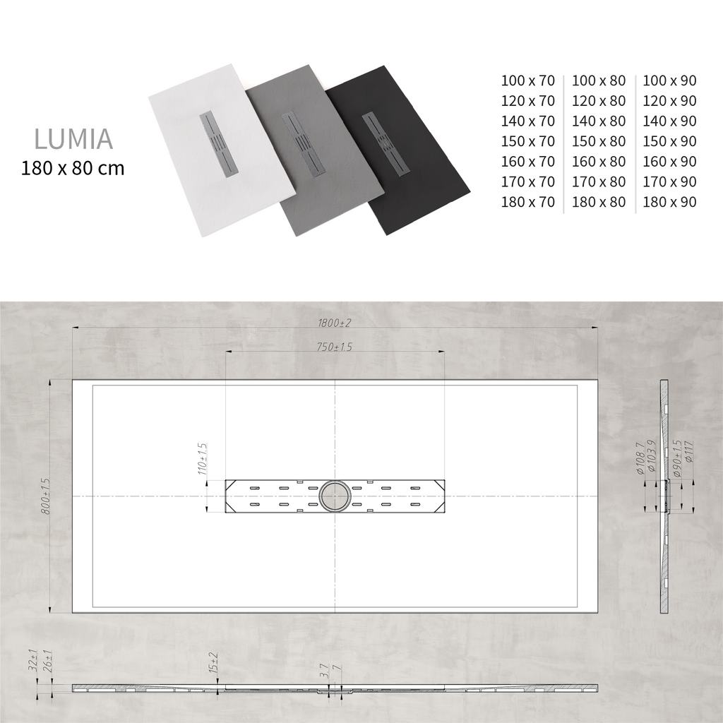 LUMIA - Base de duche antiderrapante com acabamento branco e grelha inox incluída