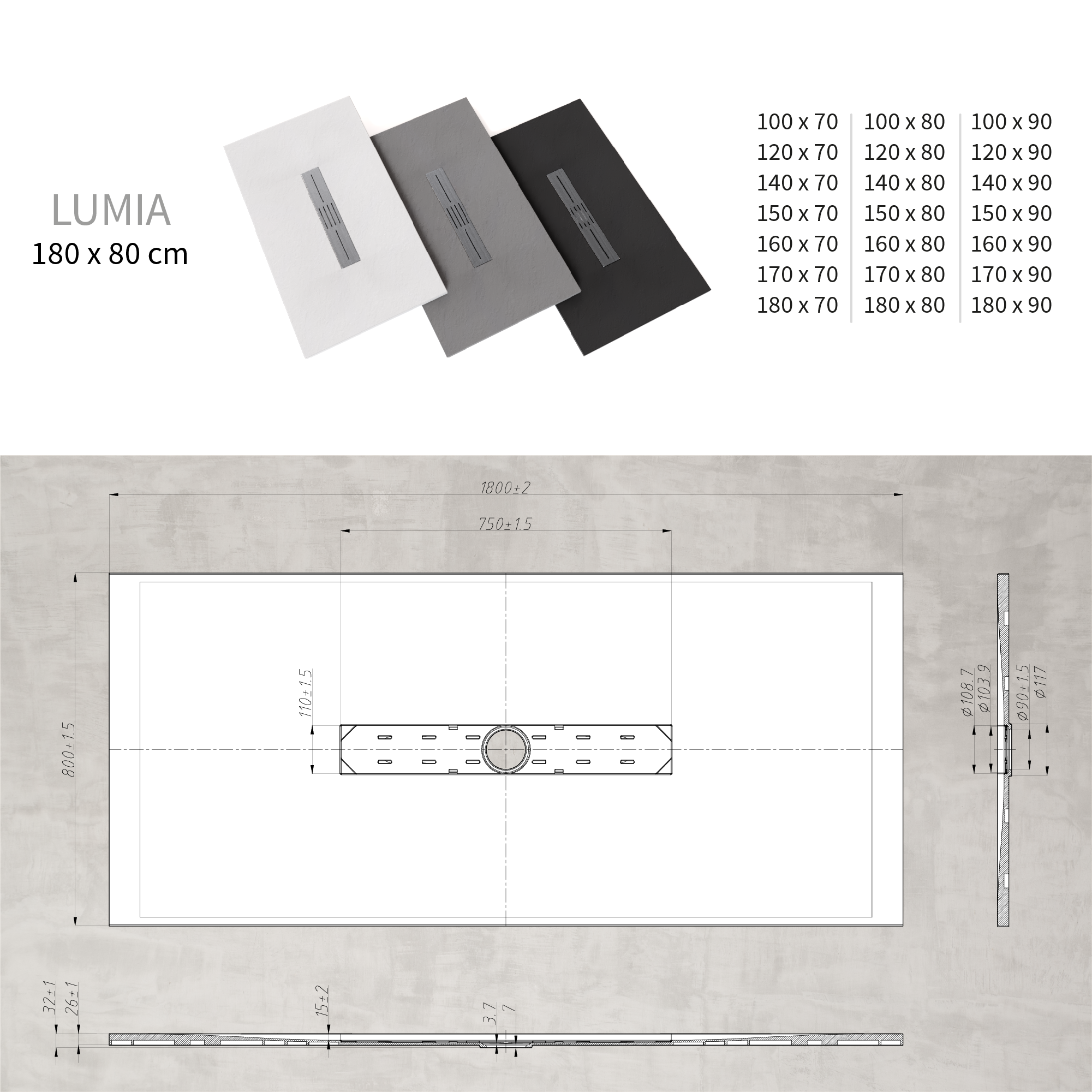 LUMIA - Base de duche antiderrapante com acabamento cinzento e grelha inox incluída
