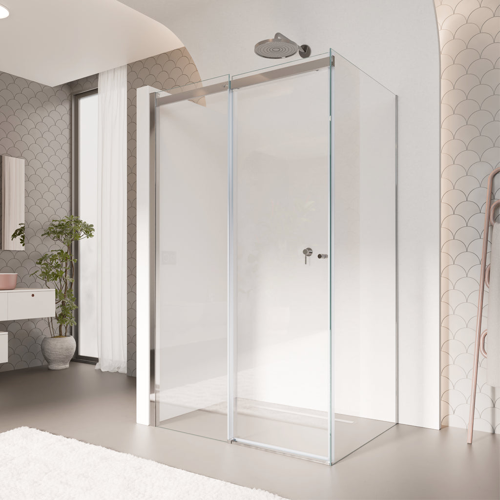 KAYLEE - Cabine de duche de canto com porta de correr, vidro transparente 6 mm e perfil cromado