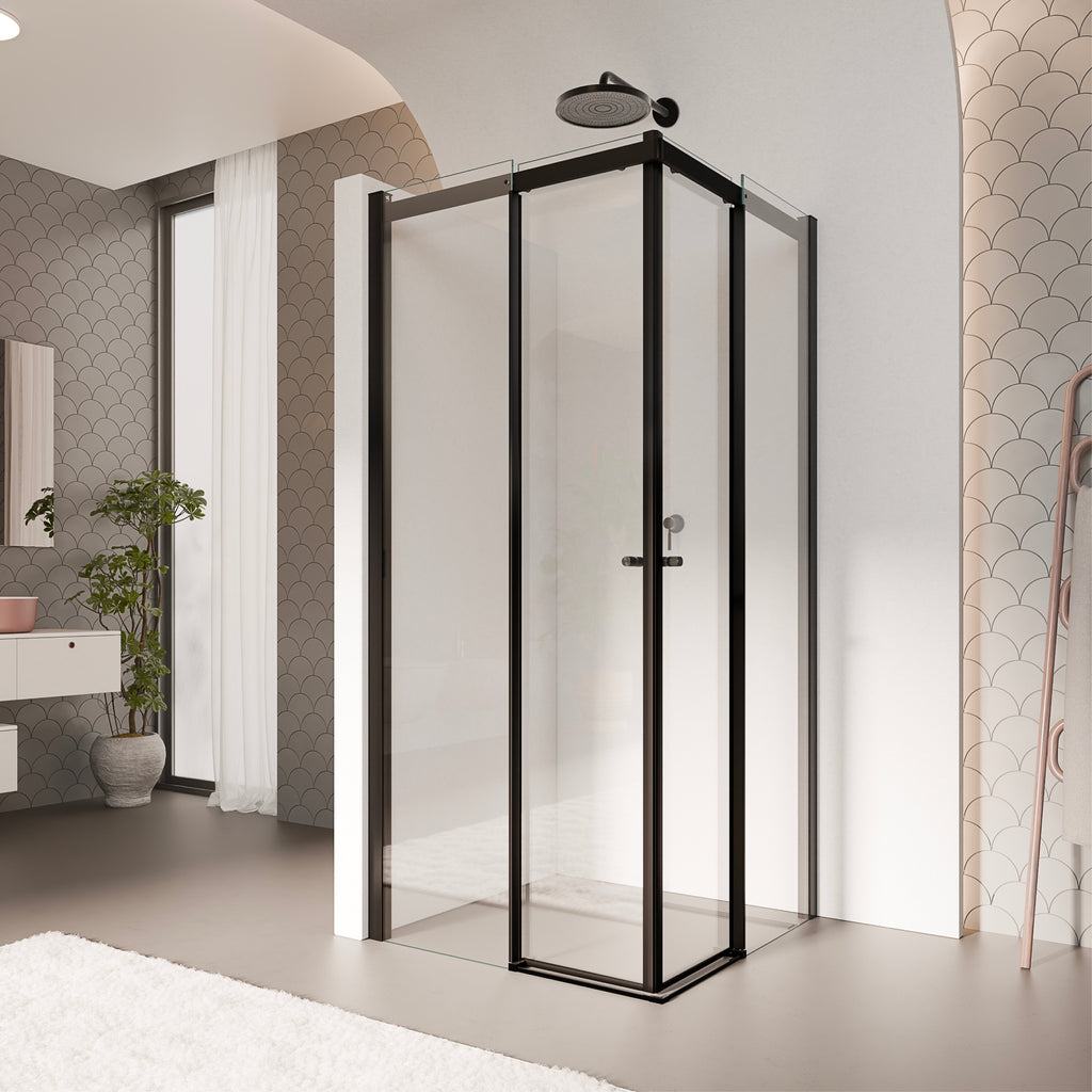 KAYLEE - Cabina doccia angolare con ante scorrevoli, vetro trasparente 6 mm e profilo nero opaco