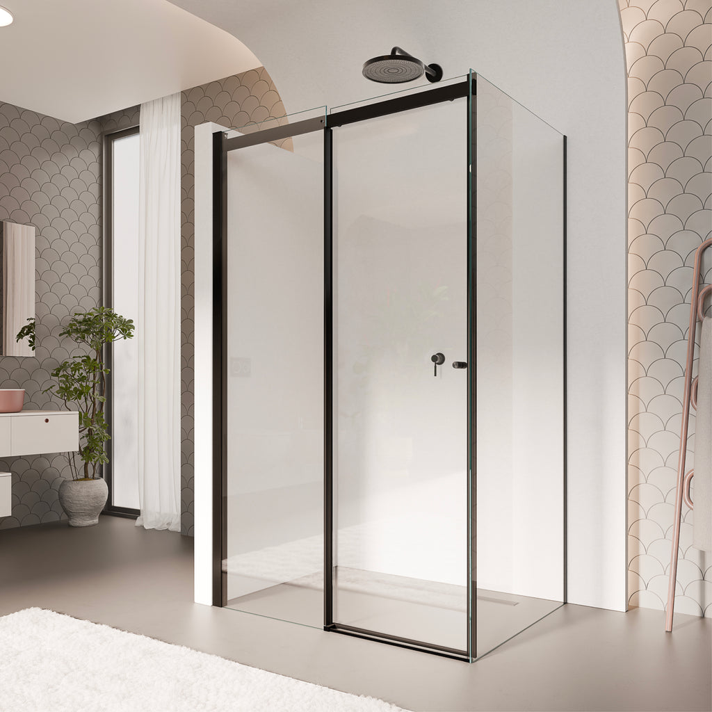KAYLEE - Cabine de duche de canto com porta de correr, vidro transparente 6 mm e perfil preto mate