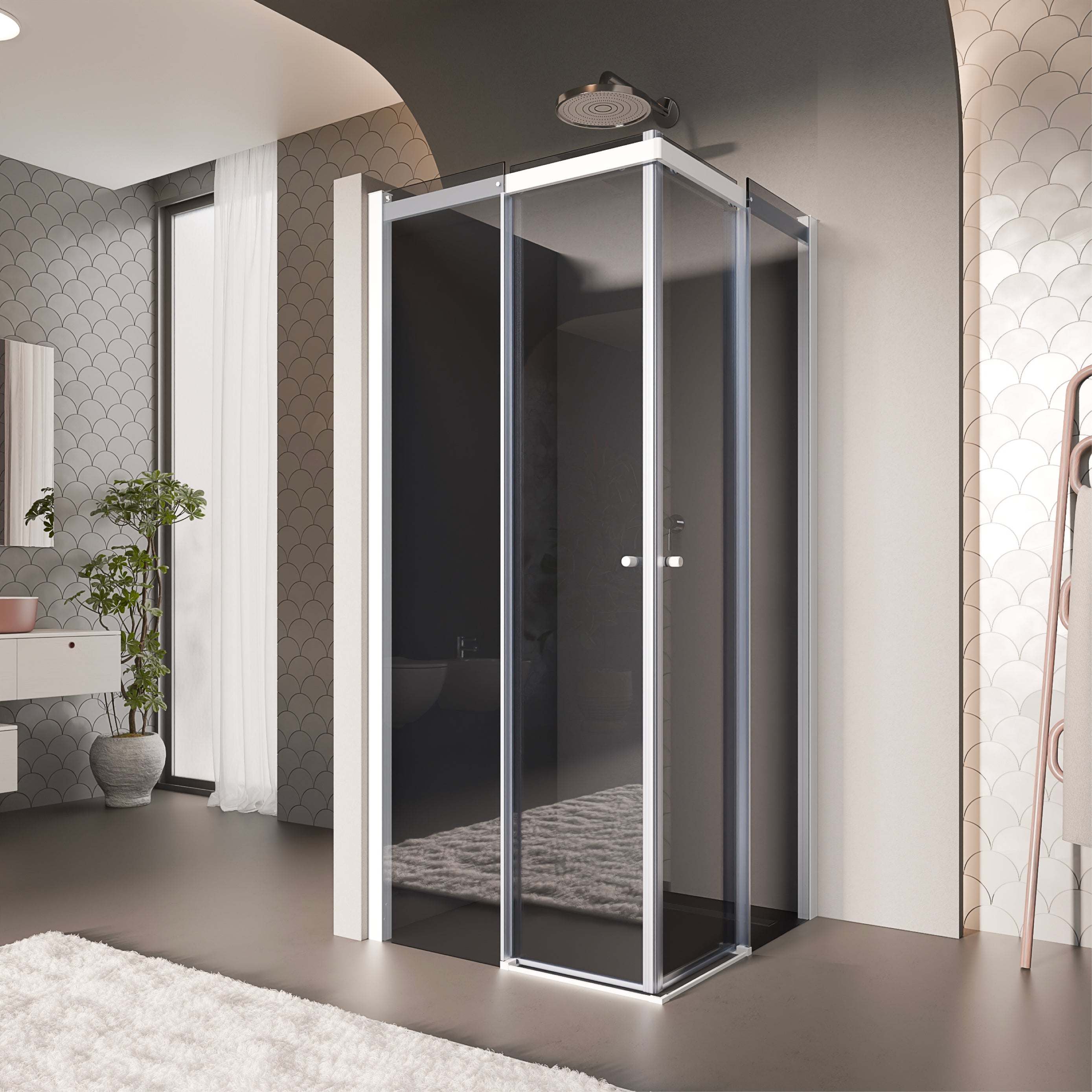 KAYLEE - Cabine de duche de canto com portas de correr, vidro escurecido 6 mm e perfil branco