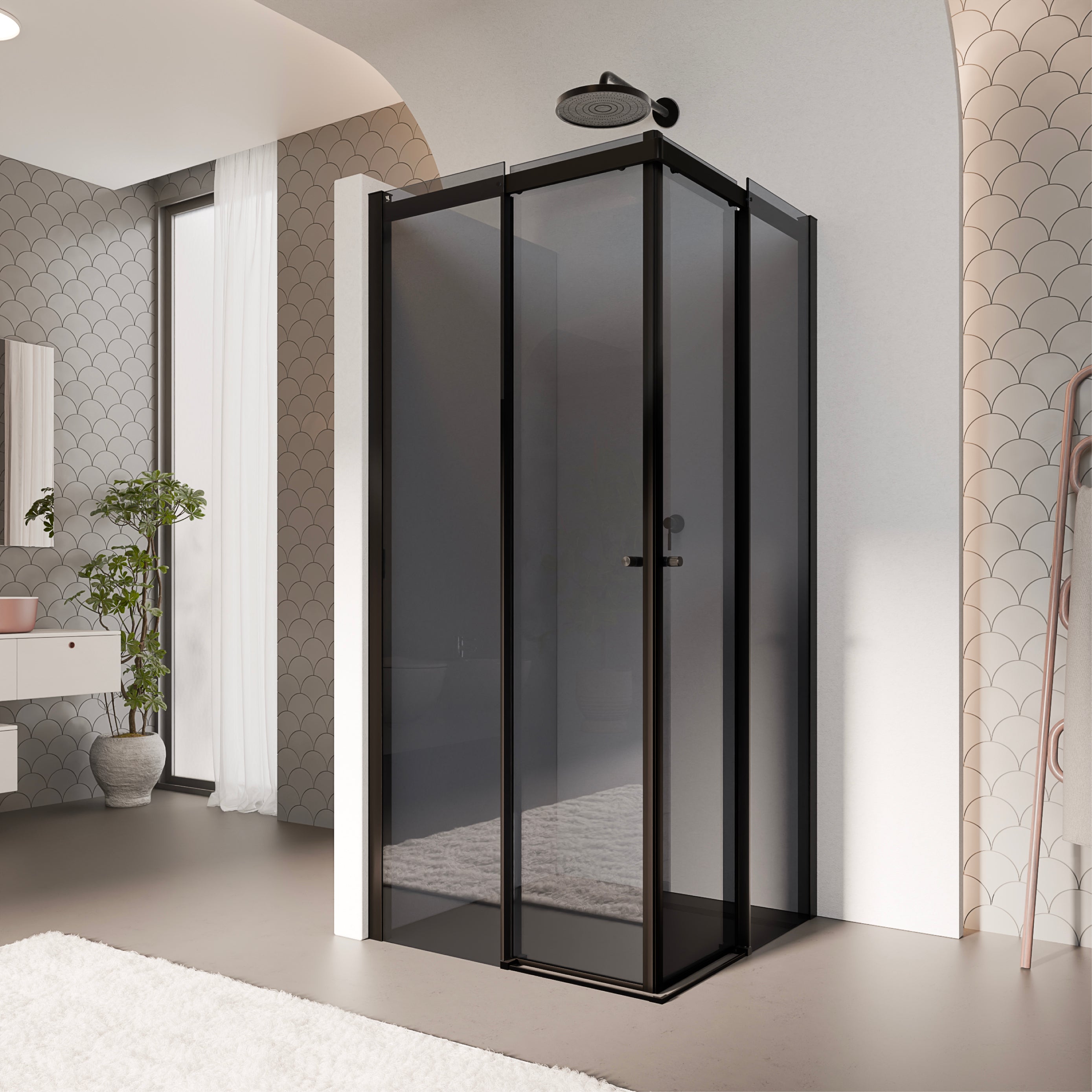 KAYLEE - Cabine de duche de canto com portas de correr, vidro escurecido 6 mm e perfil preto mate