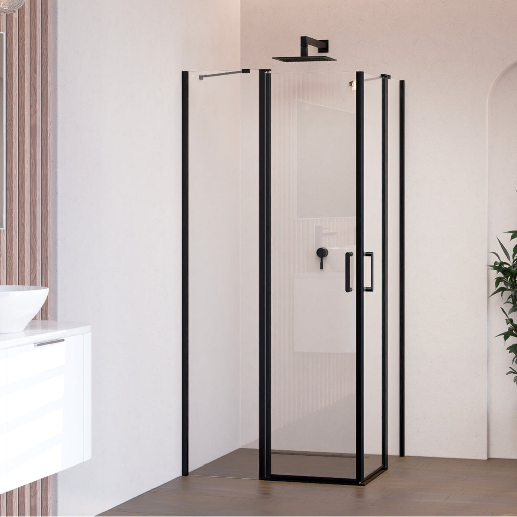 LINDA - Cabine de duche de canto com portas articuladas em vidro temperado e perfil preto mate