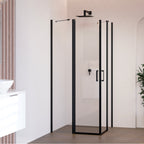 LINDA - Cabine de duche de canto com portas articuladas em vidro temperado e perfil preto mate