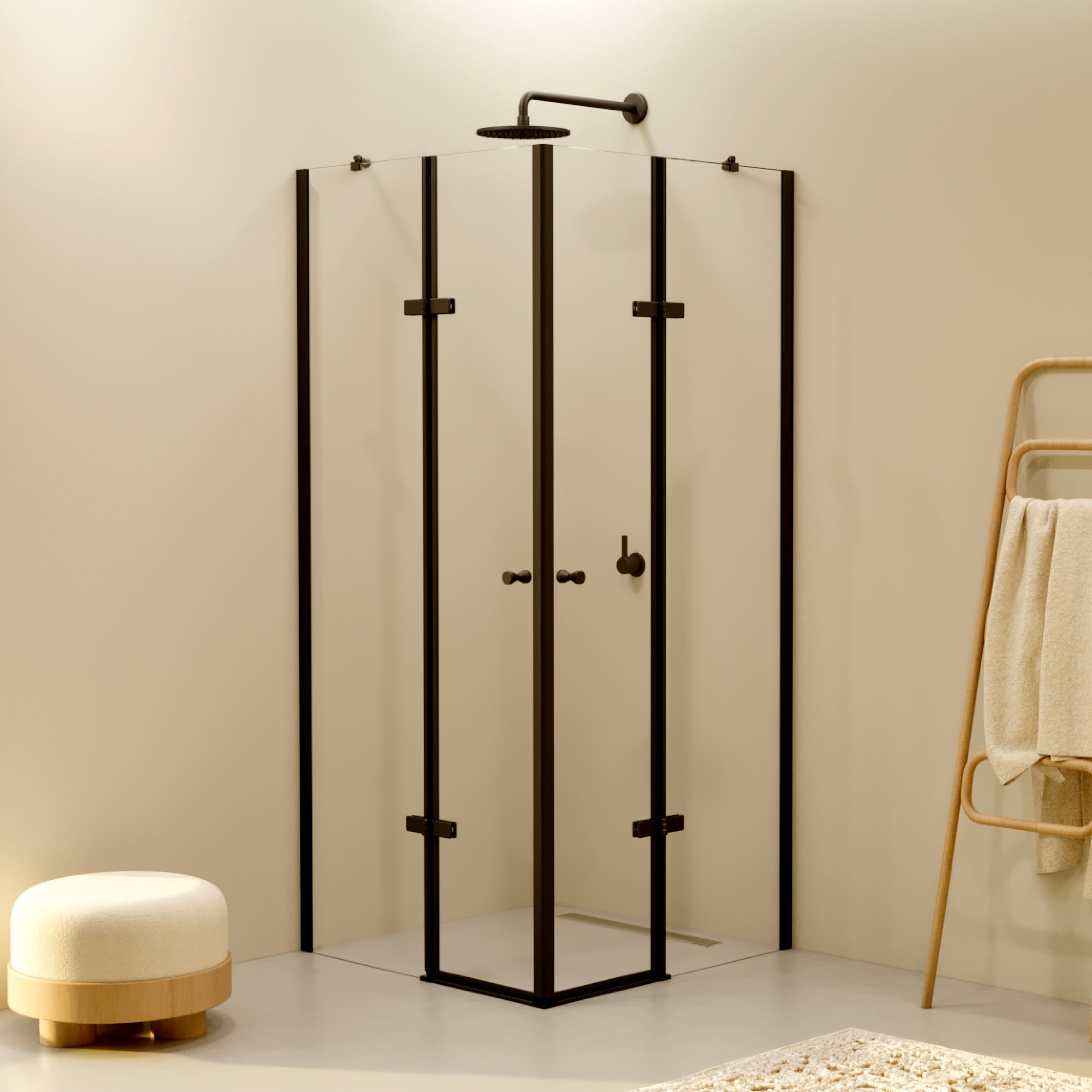 ALICE - Cabine de duche de canto com portas articuladas, vidro temperado e perfil preto mate