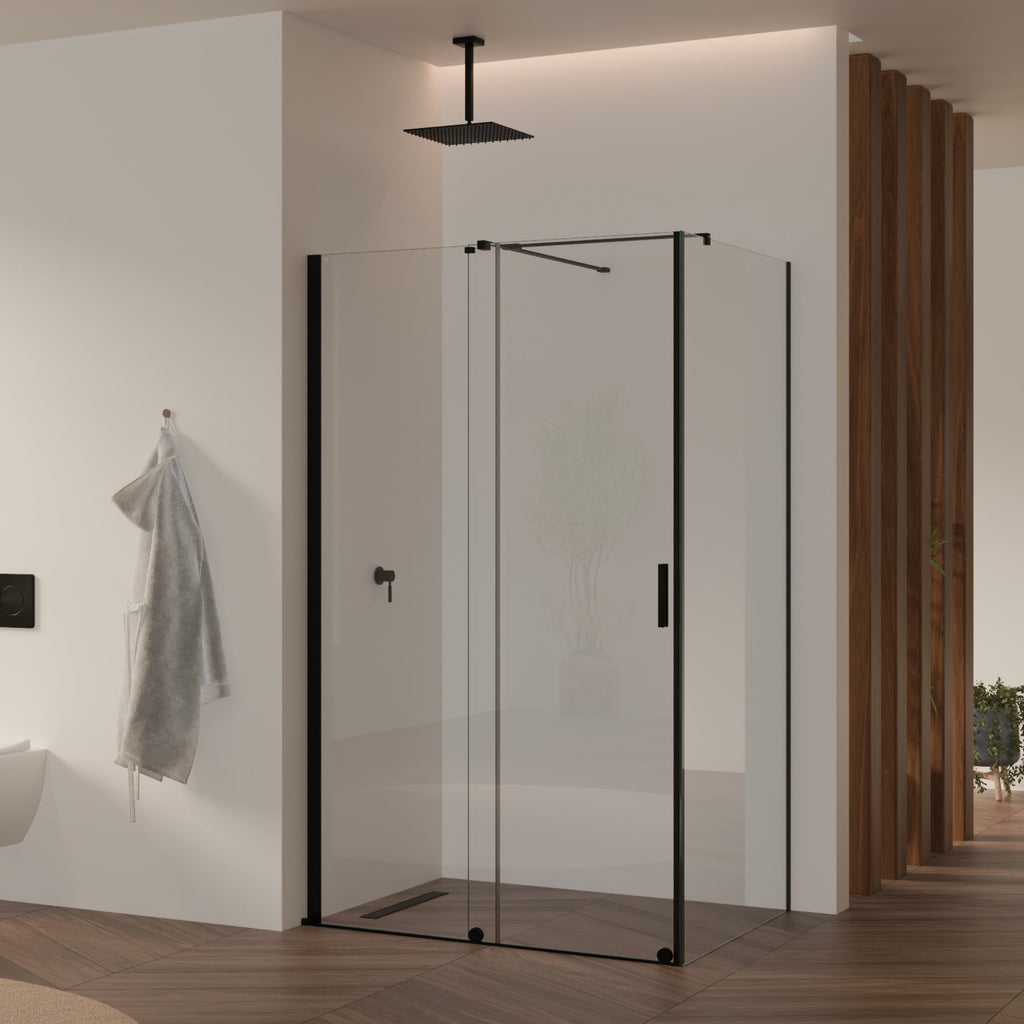 NADINE - Cabina de ducha con puerta corredera, cristal templado de 8 mm y perfil negro mate
