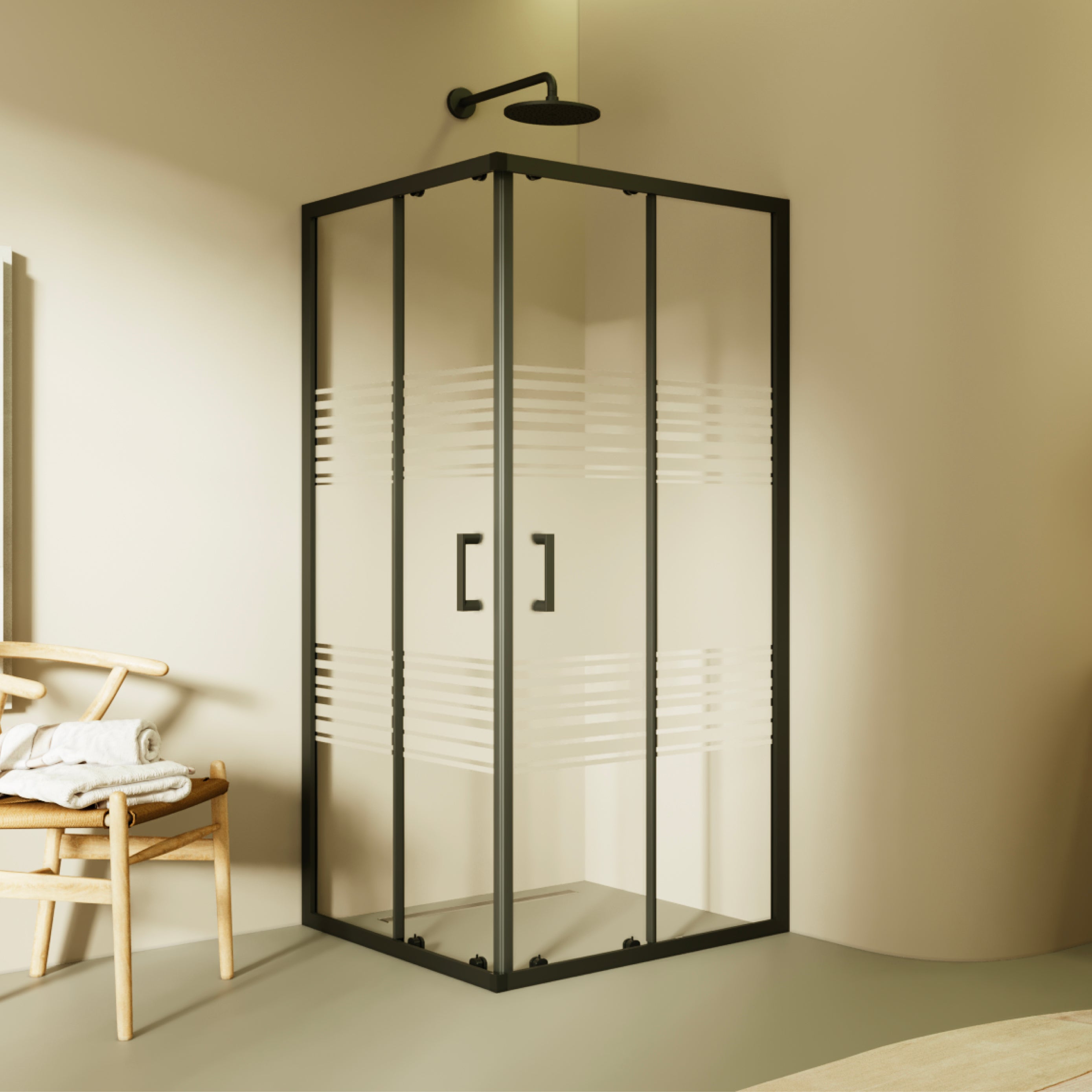 DIANA - Cabine de duche de canto com portas de correr em vidro temperado meio fosco e perfil preto mate