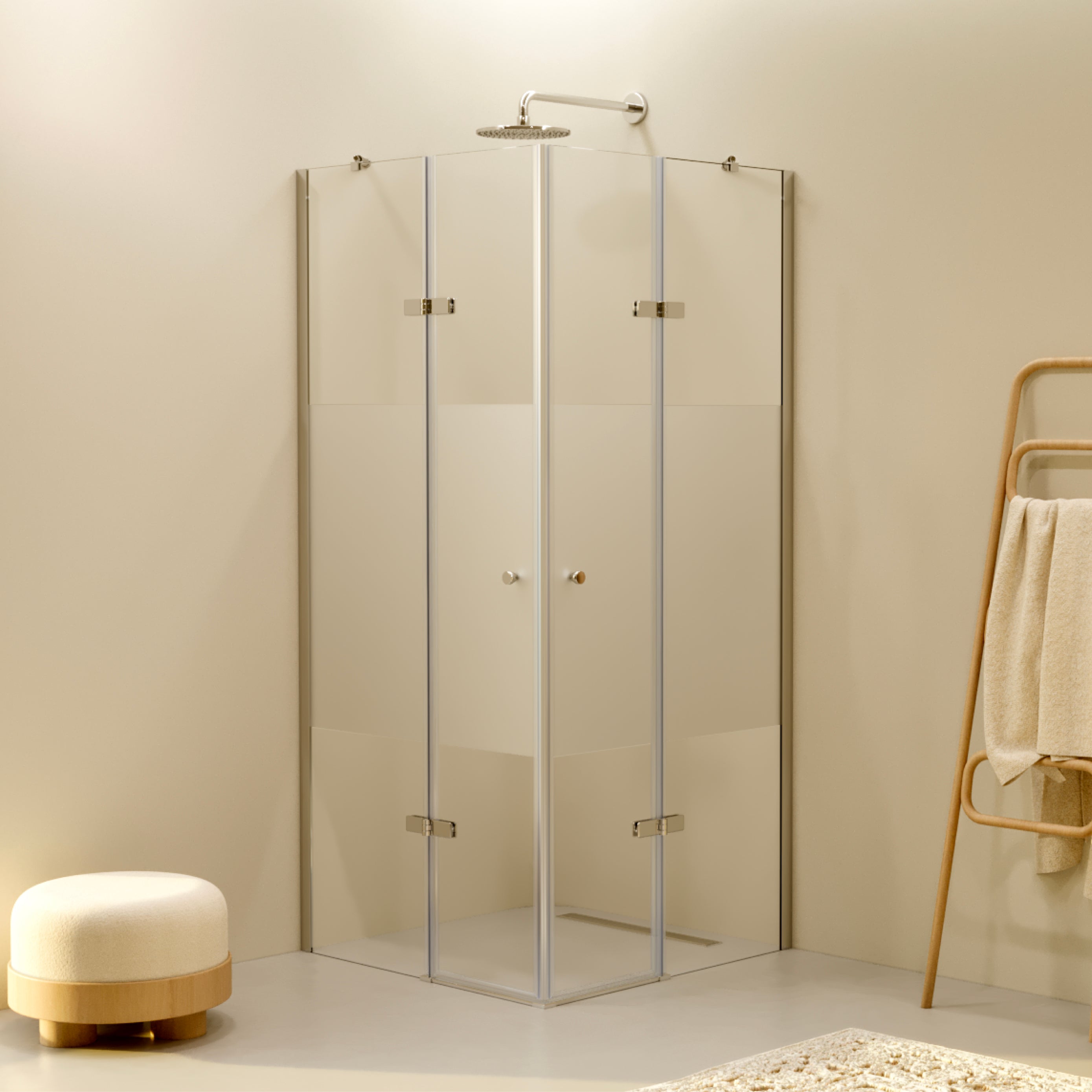 ALICE - Cabine de duche de canto com portas articuladas em vidro temperado meio fosco