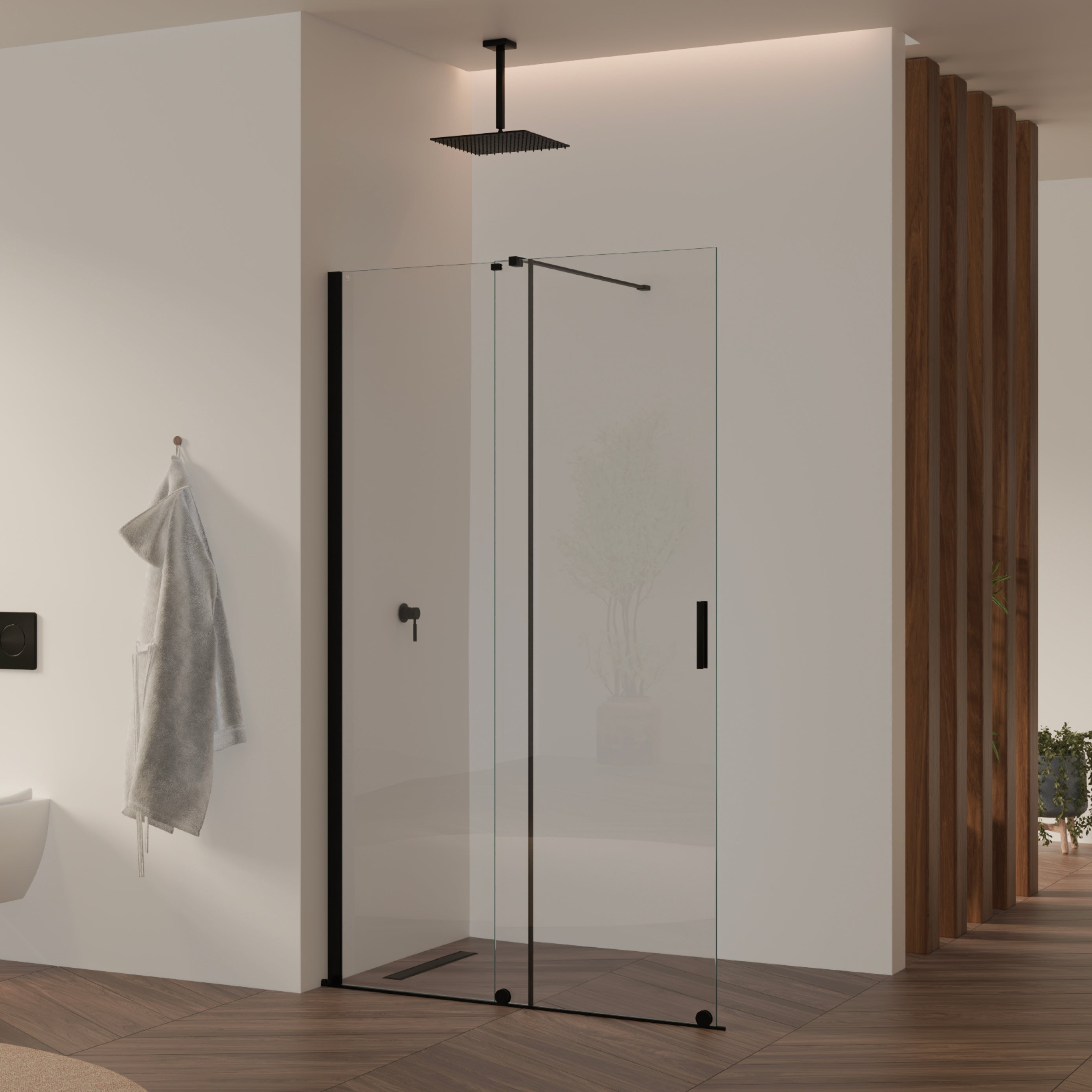 NADINE - Painel de duche Walk-In em vidro temperado 8 mm com perfil preto mate