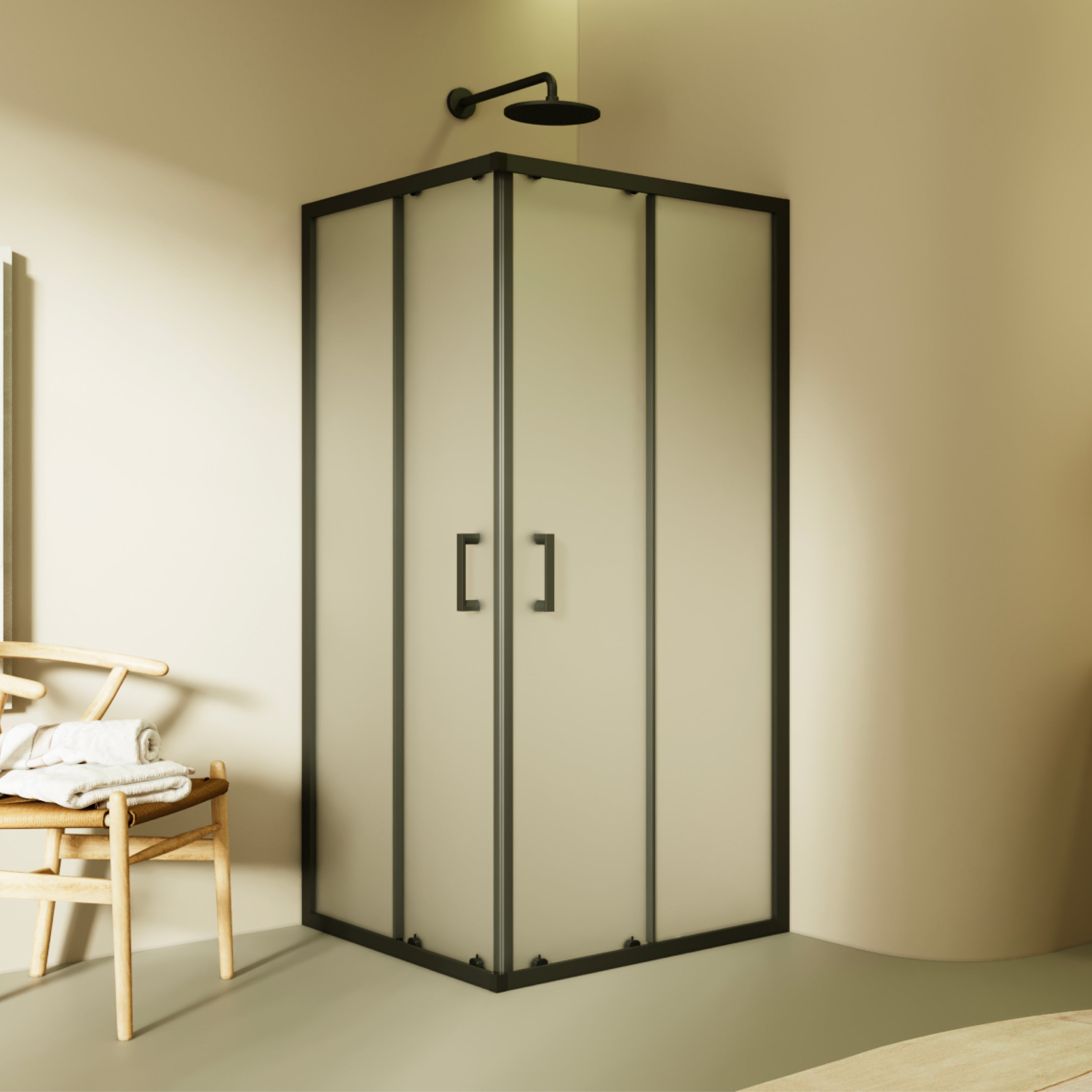 DIANA - Cabine de duche de canto com portas de correr em vidro temperado fosco e perfil preto mate