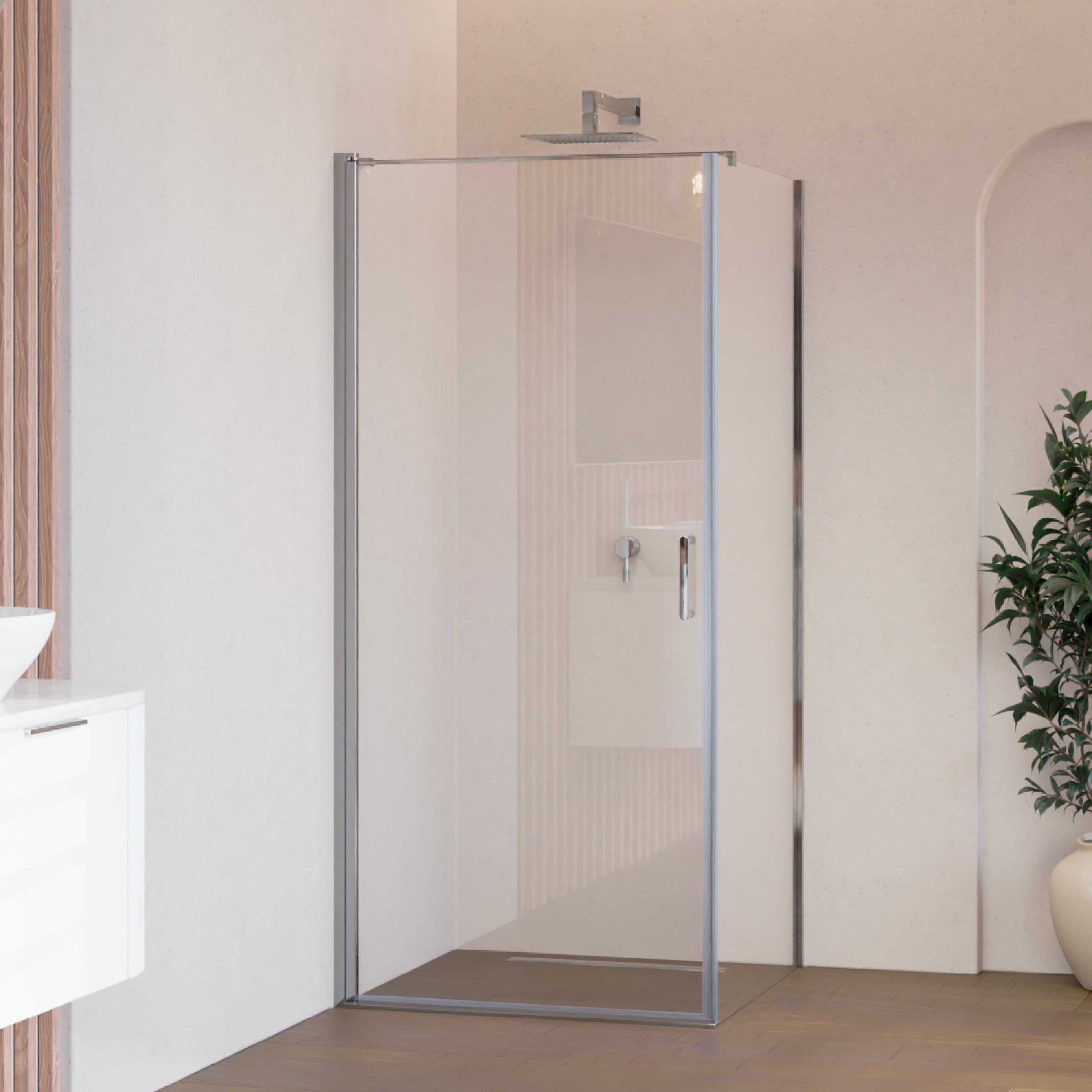 HELLEN - Cabine de duche frontal com portas articuladas em vidro temperado e perfil cromado