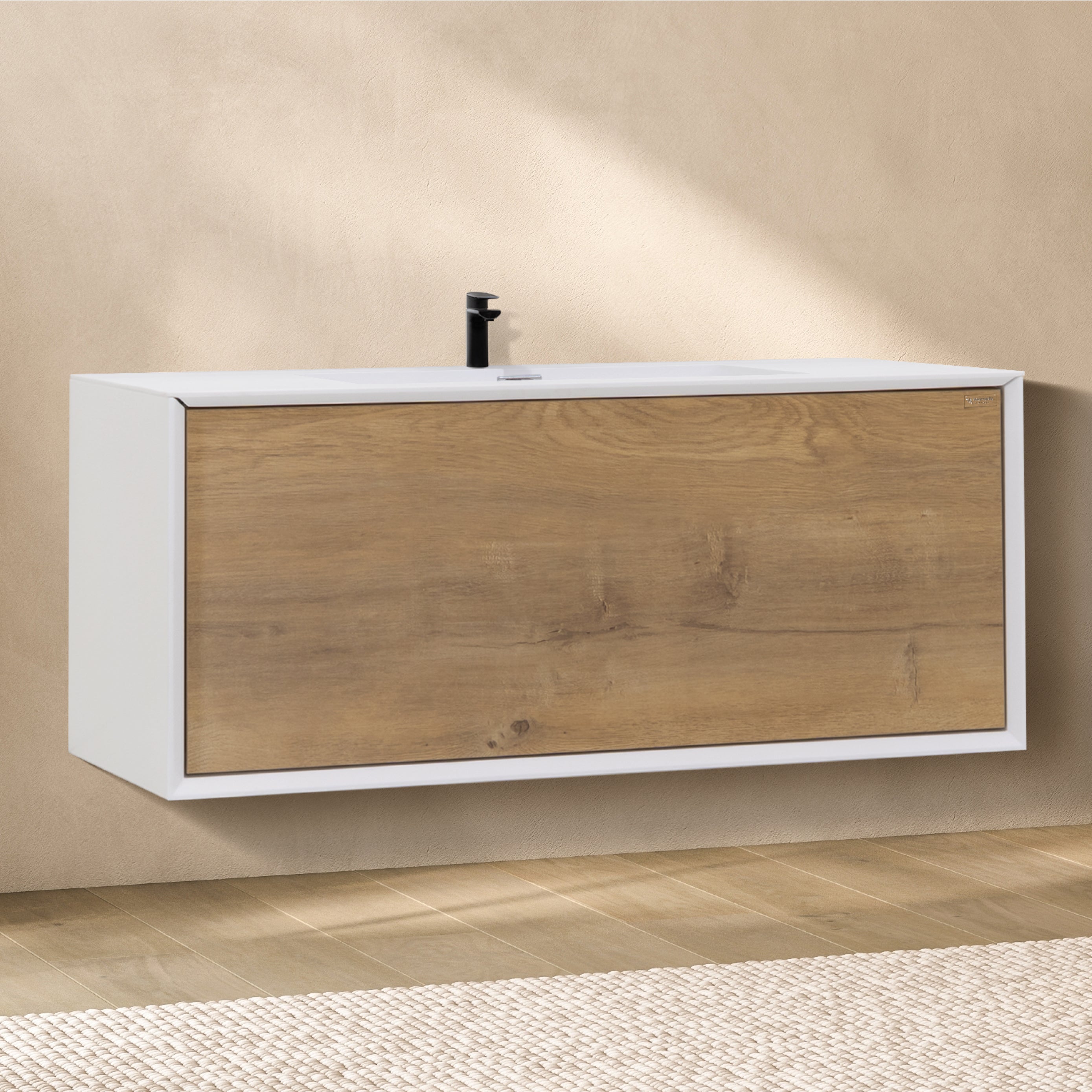 HEBE - Mueble de lavabo suspendido con acabado blanco y roble