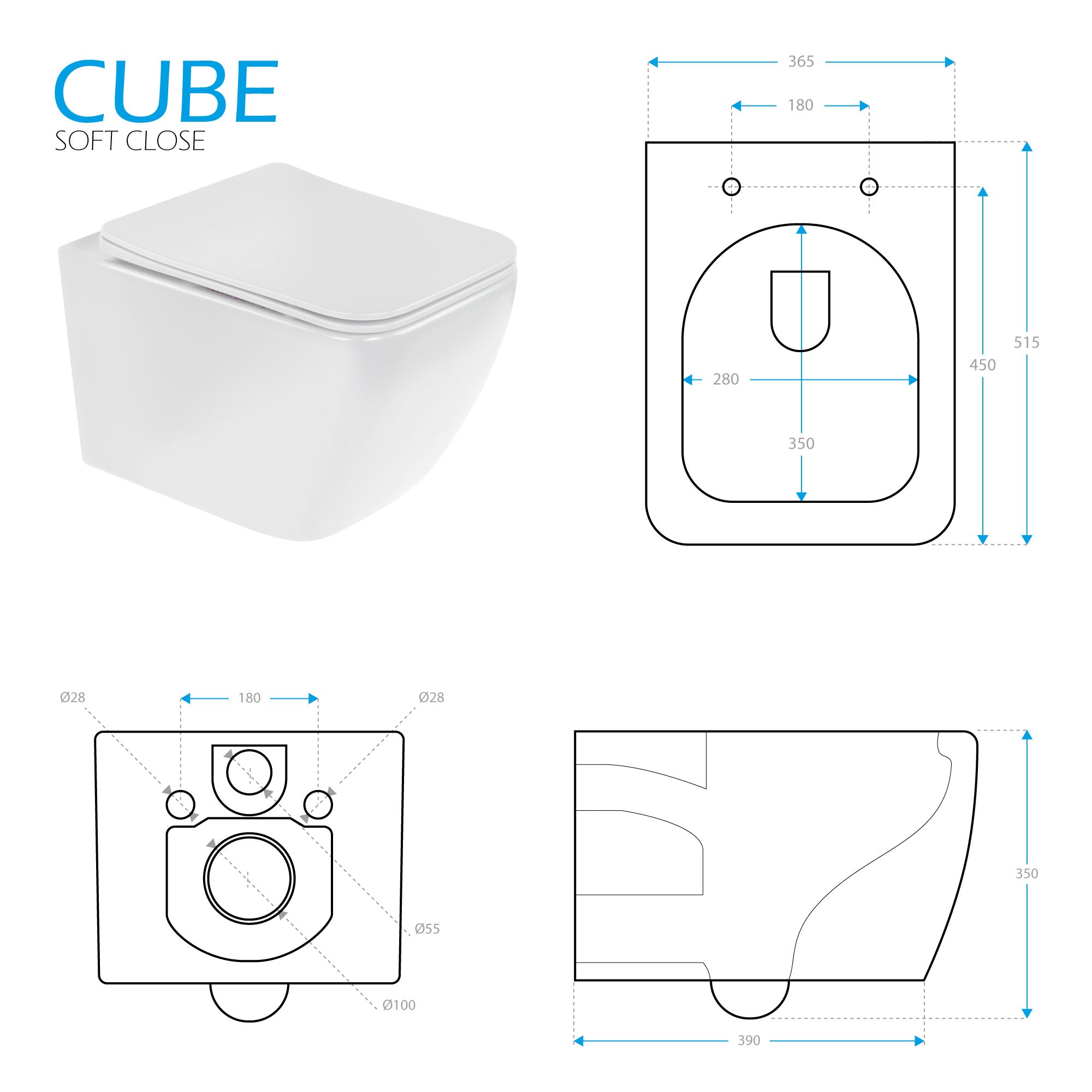 CUBE - Vaso sospeso senza brida nero con copriwater soft-close