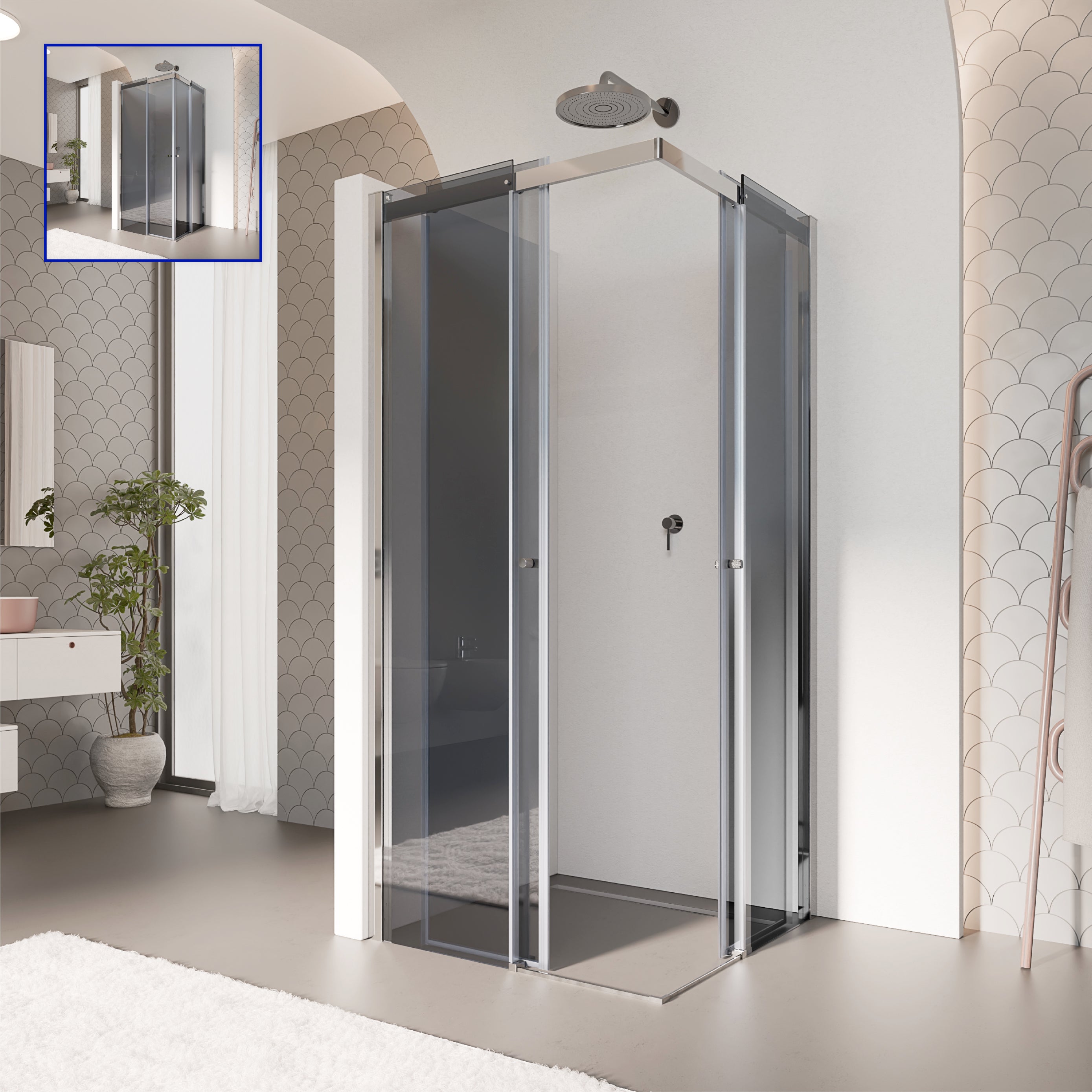 KAYLEE - Cabine de duche de canto com portas de correr, vidro escurecido 6 mm e perfil cromado
