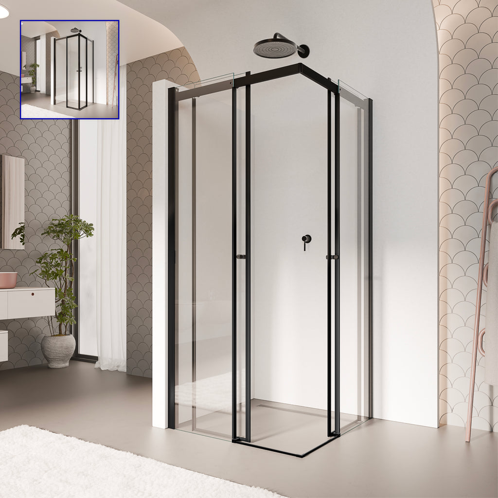 KAYLEE - Cabina doccia angolare con ante scorrevoli, vetro trasparente 6 mm e profilo nero opaco