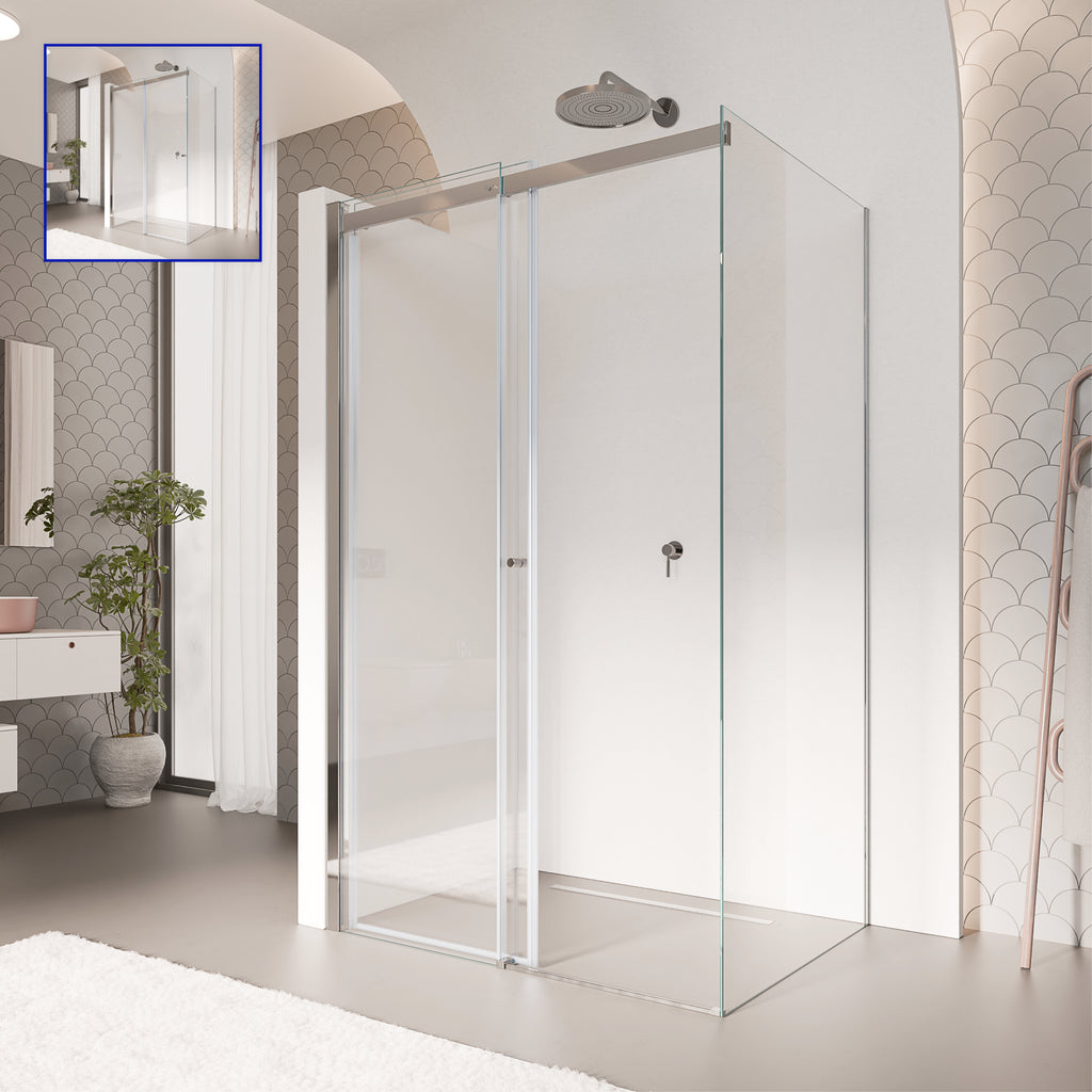 KAYLEE - Cabine de duche de canto com porta de correr, vidro transparente 6 mm e perfil cromado
