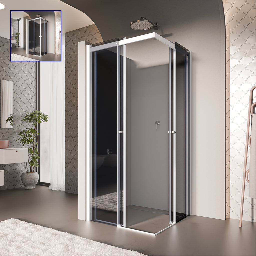 KAYLEE - Box doccia ad angolo con porte scorrevoli, vetro fumé 6 mm e profilo bianco