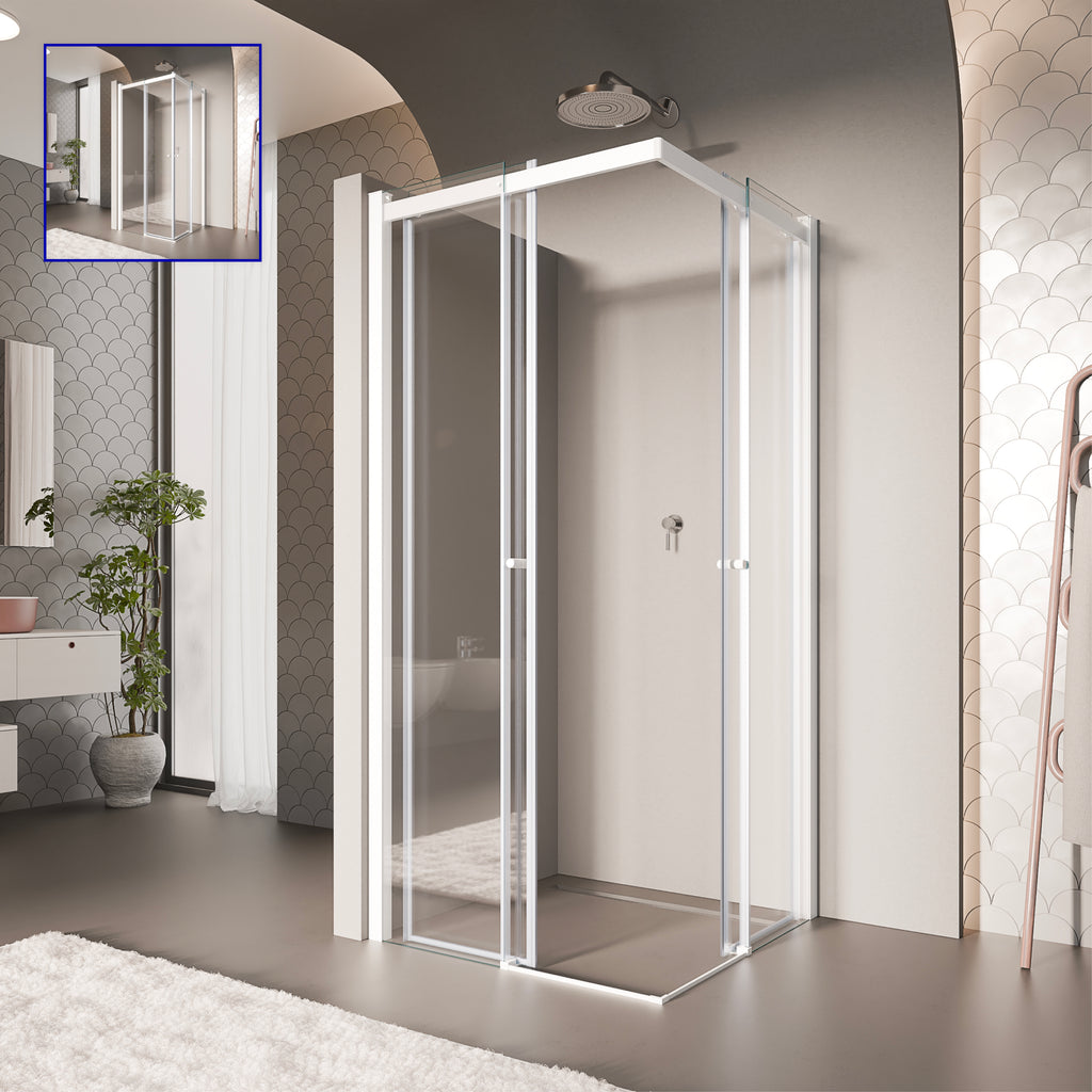KAYLEE - Cabina de ducha angular con puertas correderas, cristal transparente de 6 mm y perfil cromado
