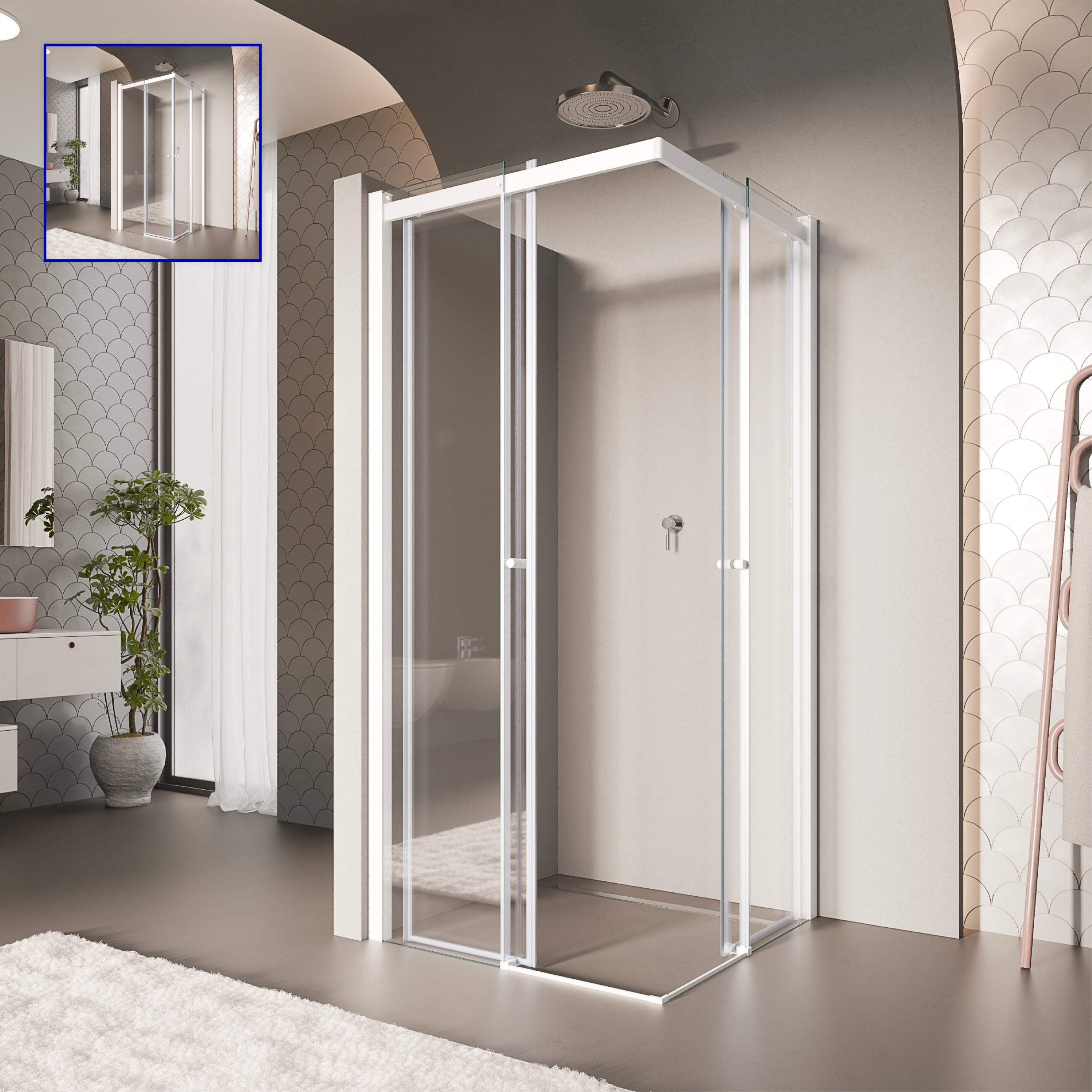 KAYLEE - Cabine de duche de canto com portas de correr, vidro transparente 6 mm e perfil branco