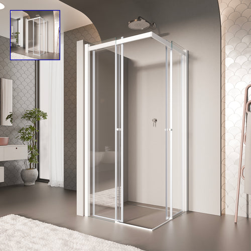 KAYLEE - Cabine de duche de canto com portas de correr, vidro transparente 6 mm e perfil branco