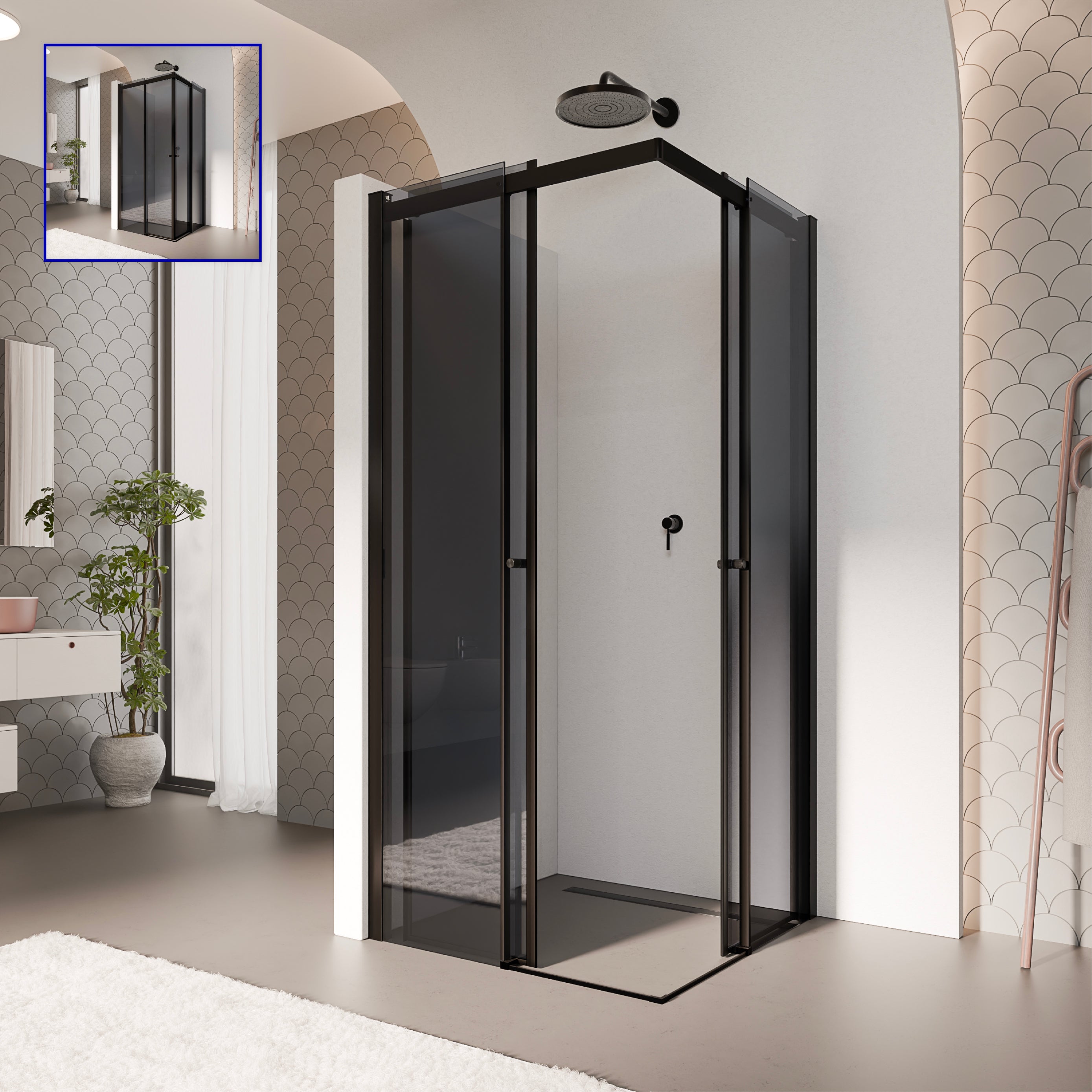KAYLEE - Cabine de duche de canto com portas de correr, vidro escurecido 6 mm e perfil preto mate