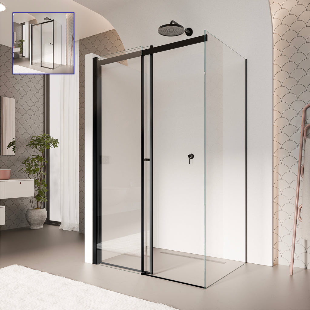KAYLEE - Cabine de duche de canto com porta de correr, vidro transparente 6 mm e perfil preto mate