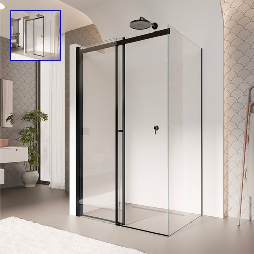 KAYLEE - Cabina de ducha angular con puerta corredera, cristal transparente de 6 mm y perfil negro mate