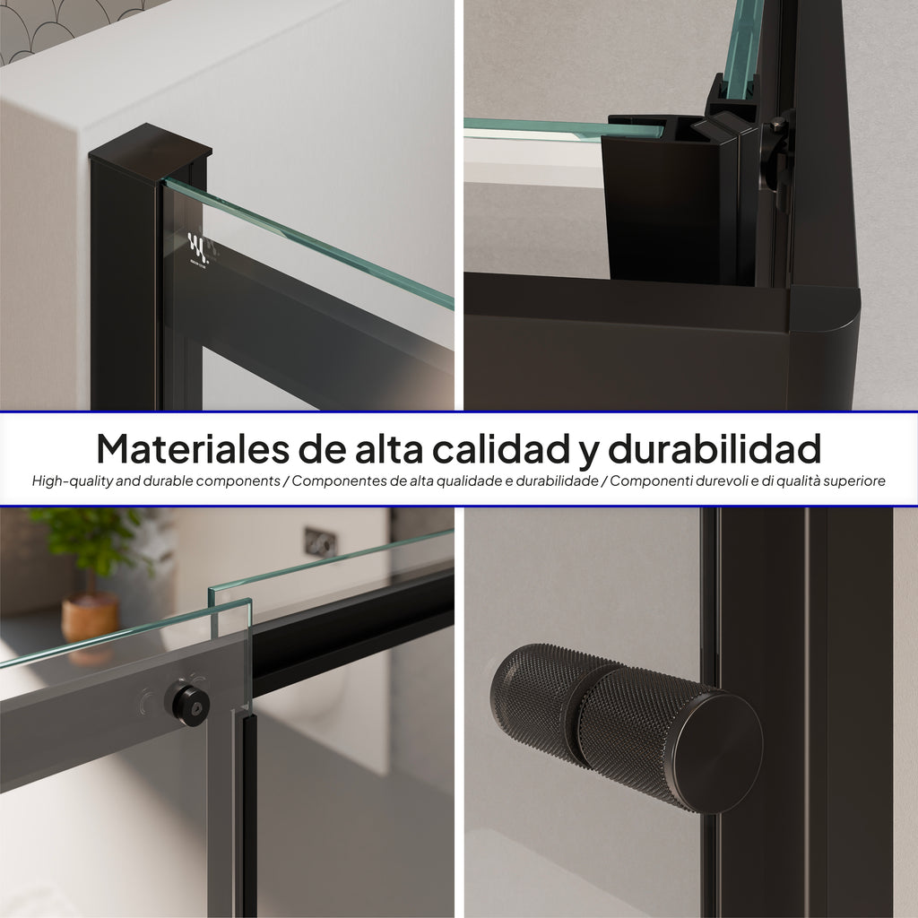 KAYLEE - Cabina doccia angolare con ante scorrevoli, vetro trasparente 6 mm e profilo nero opaco