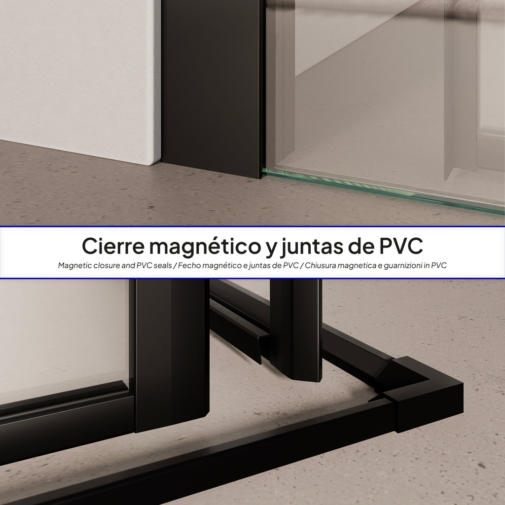 KAYLEE - Cabina doccia angolare con ante scorrevoli, vetro trasparente 6 mm e profilo nero opaco