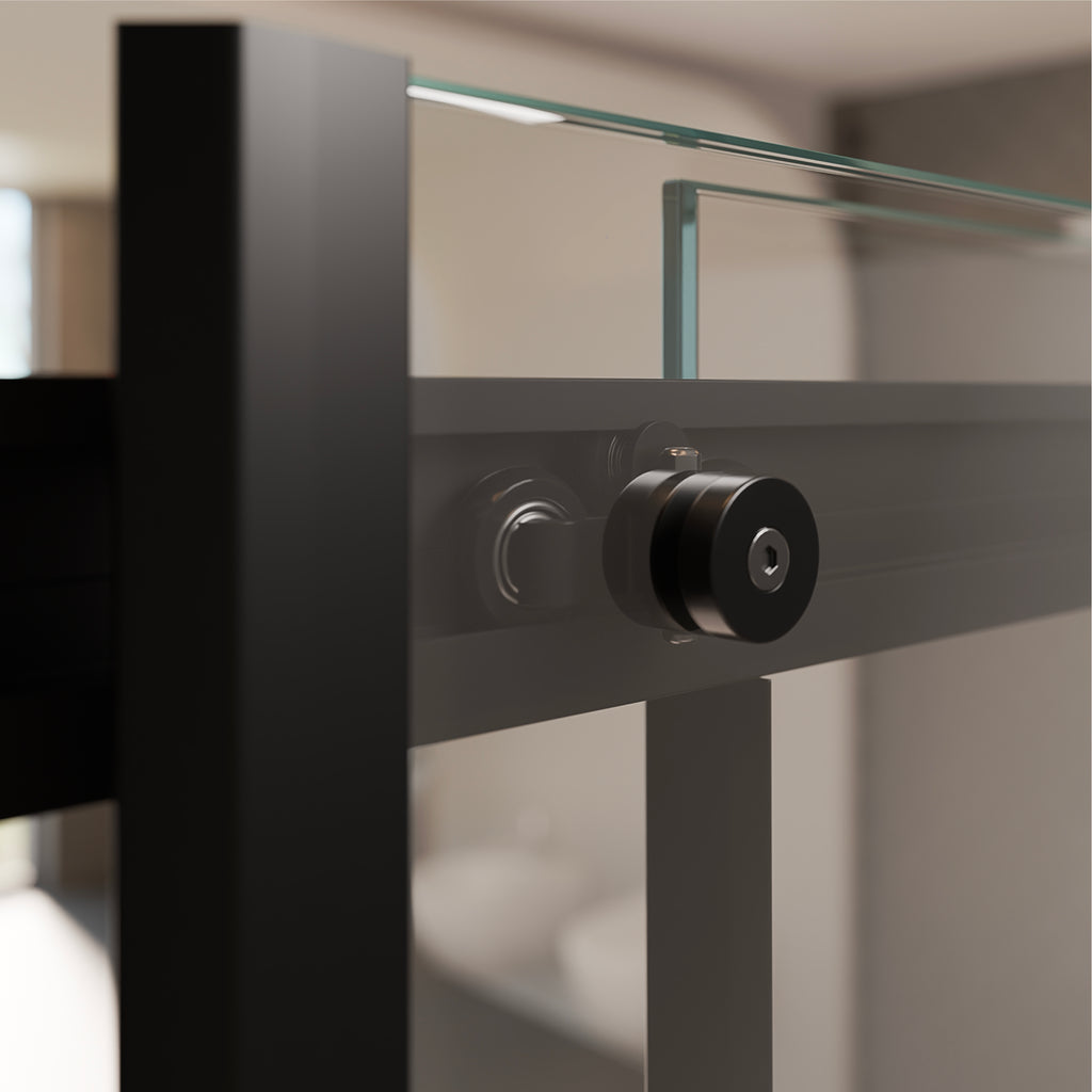 KAYLEE - Cabina doccia angolare con ante scorrevoli, vetro trasparente 6 mm e profilo nero opaco