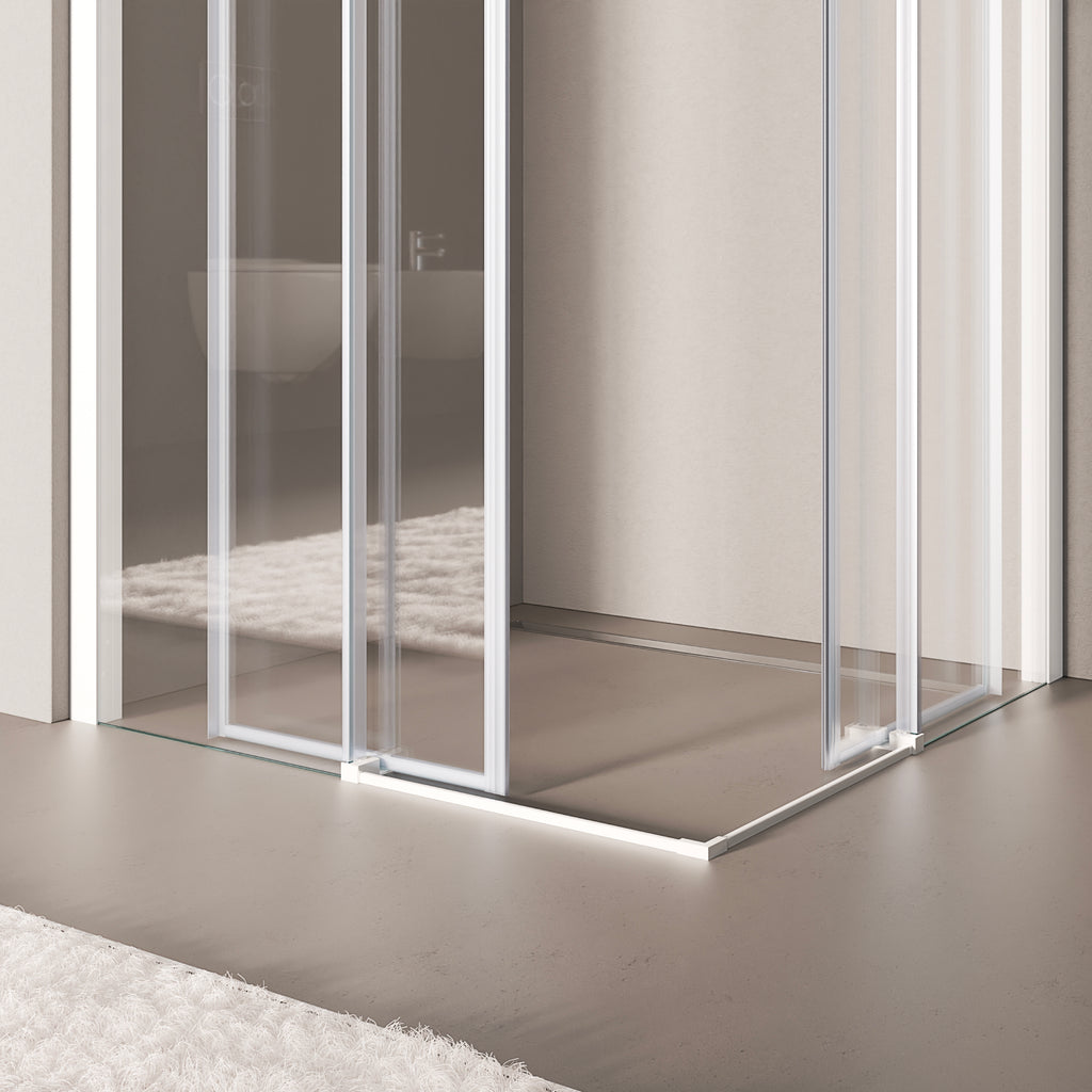 KAYLEE - Cabina de ducha angular con puertas correderas, cristal transparente de 6 mm y perfil cromado