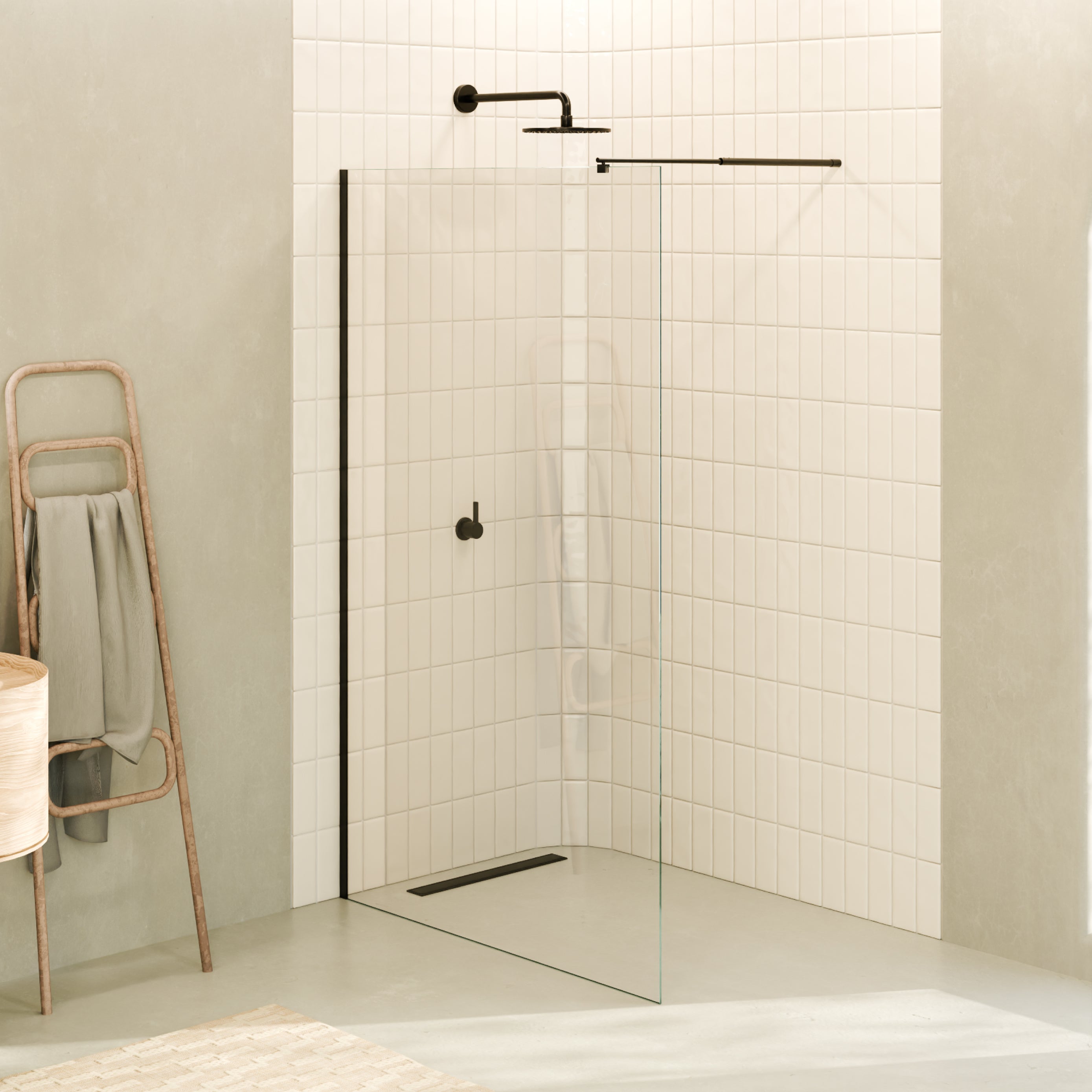 FIONA - Painel de duche walk-in em vidro temperado 8 mm com perfil preto mate