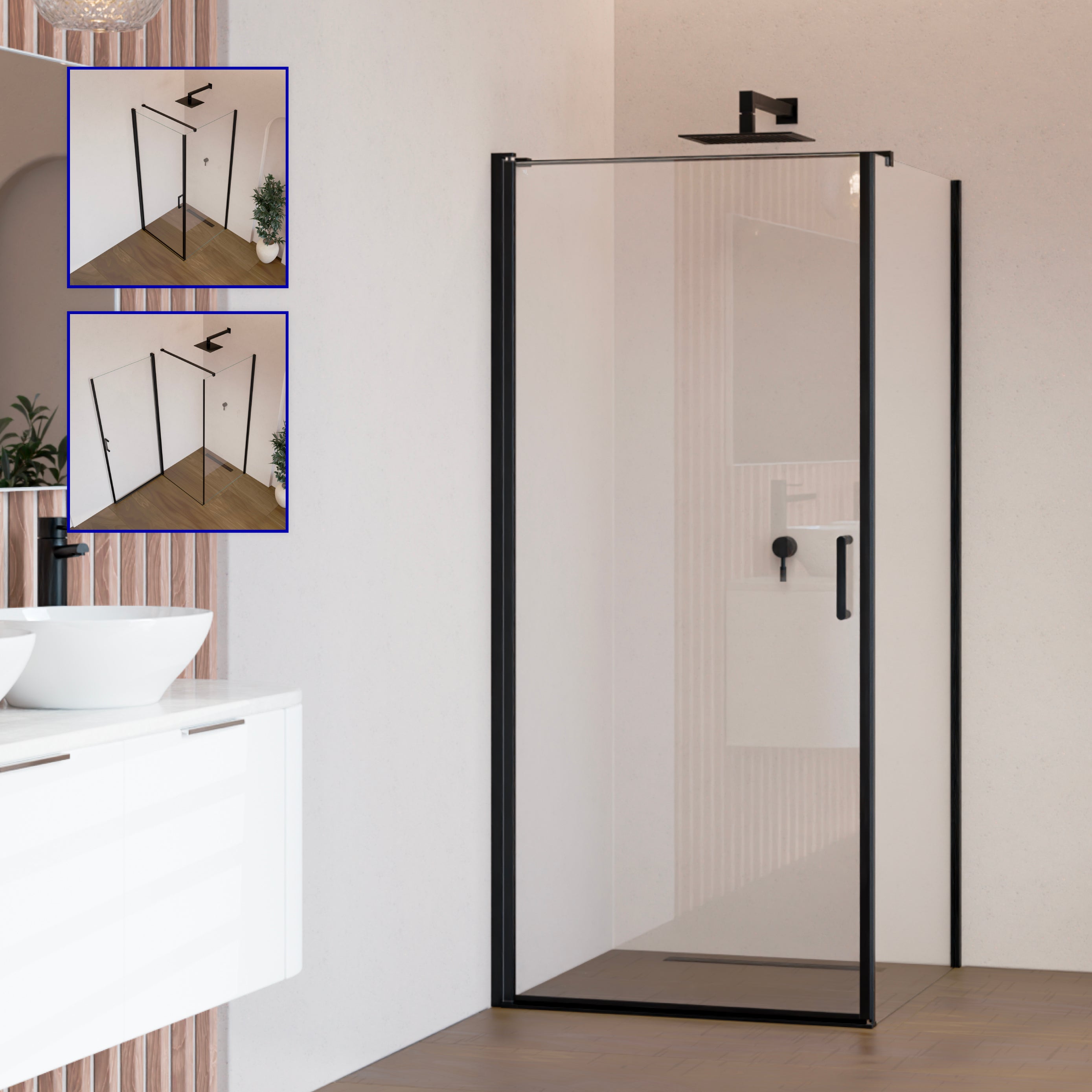 HELLEN - Cabine de duche frontal com portas articuladas em vidro temperado e perfil preto mate