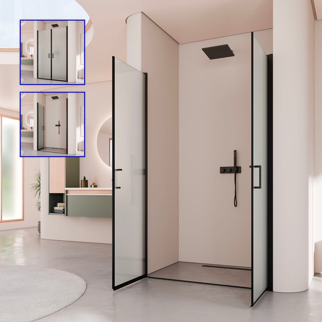 LARA - Puerta de ducha con puertas abatibles de cristal templado esmerilado de 6 mm y perfil negro mate