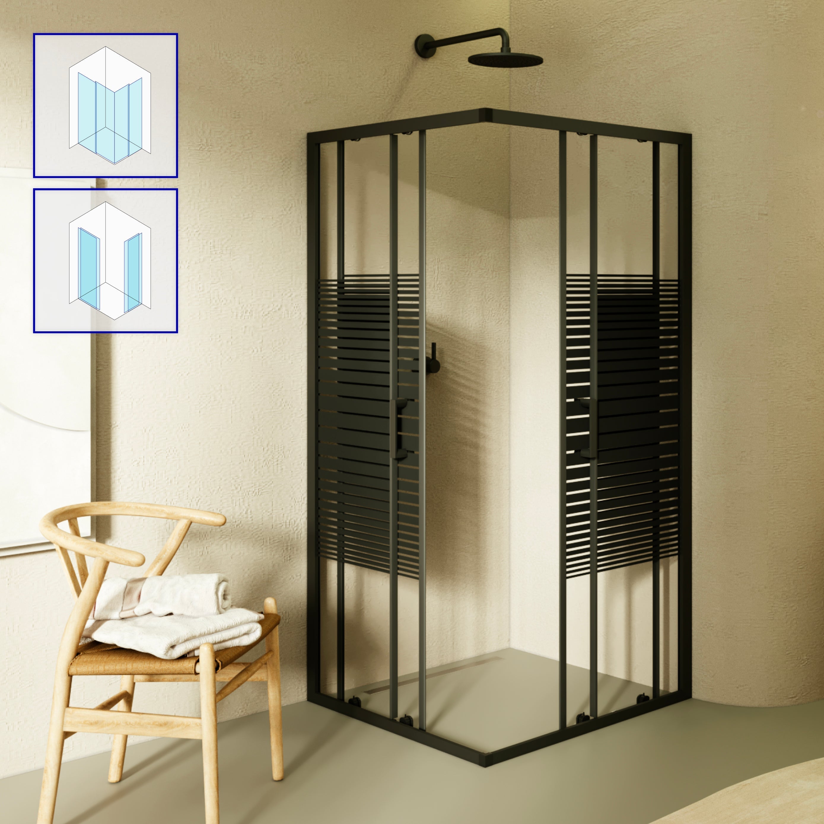 DIANA - Cabine de duche de canto com portas de correr em vidro temperado às riscas